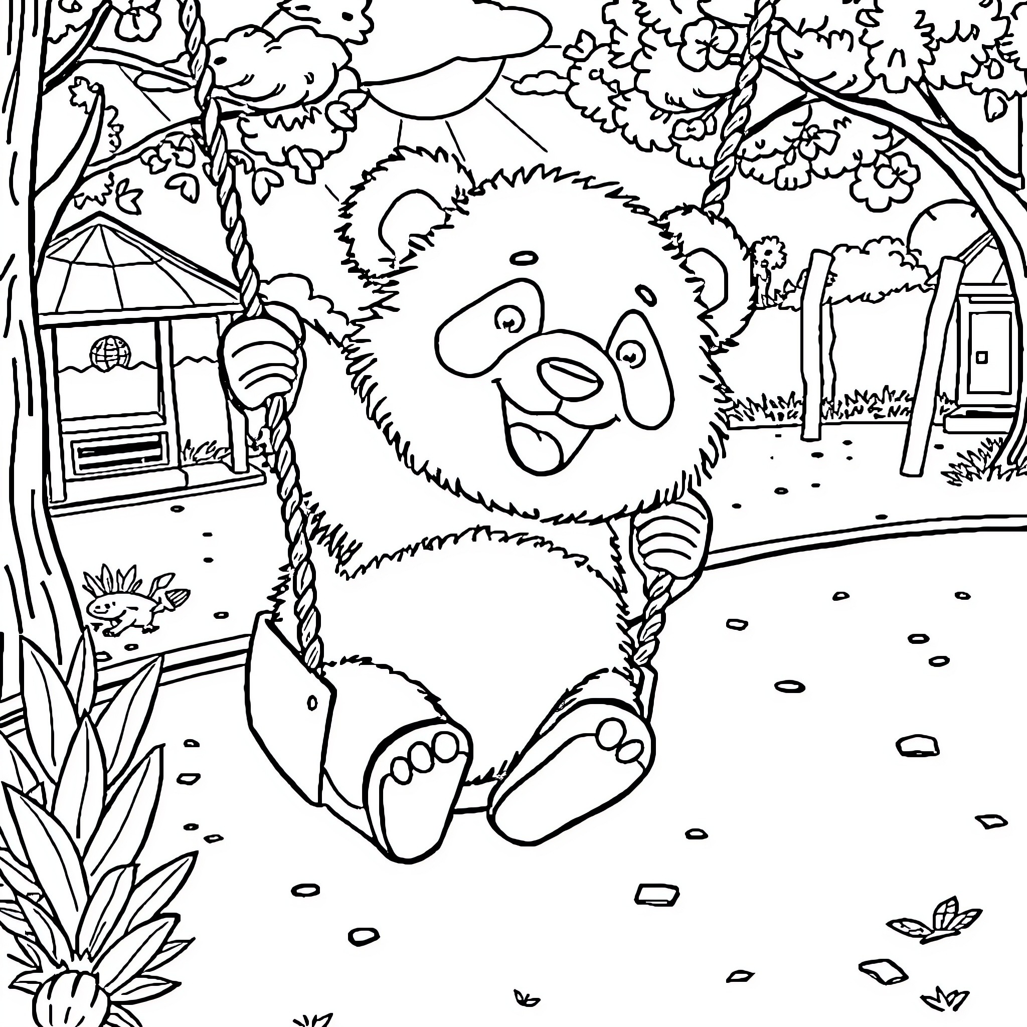 Panda playing happily in the forest Coloring Page (free black-and-white line drawing printable PDF for all, from beginners to advanced learners, including children, teens, adults, and seniors)