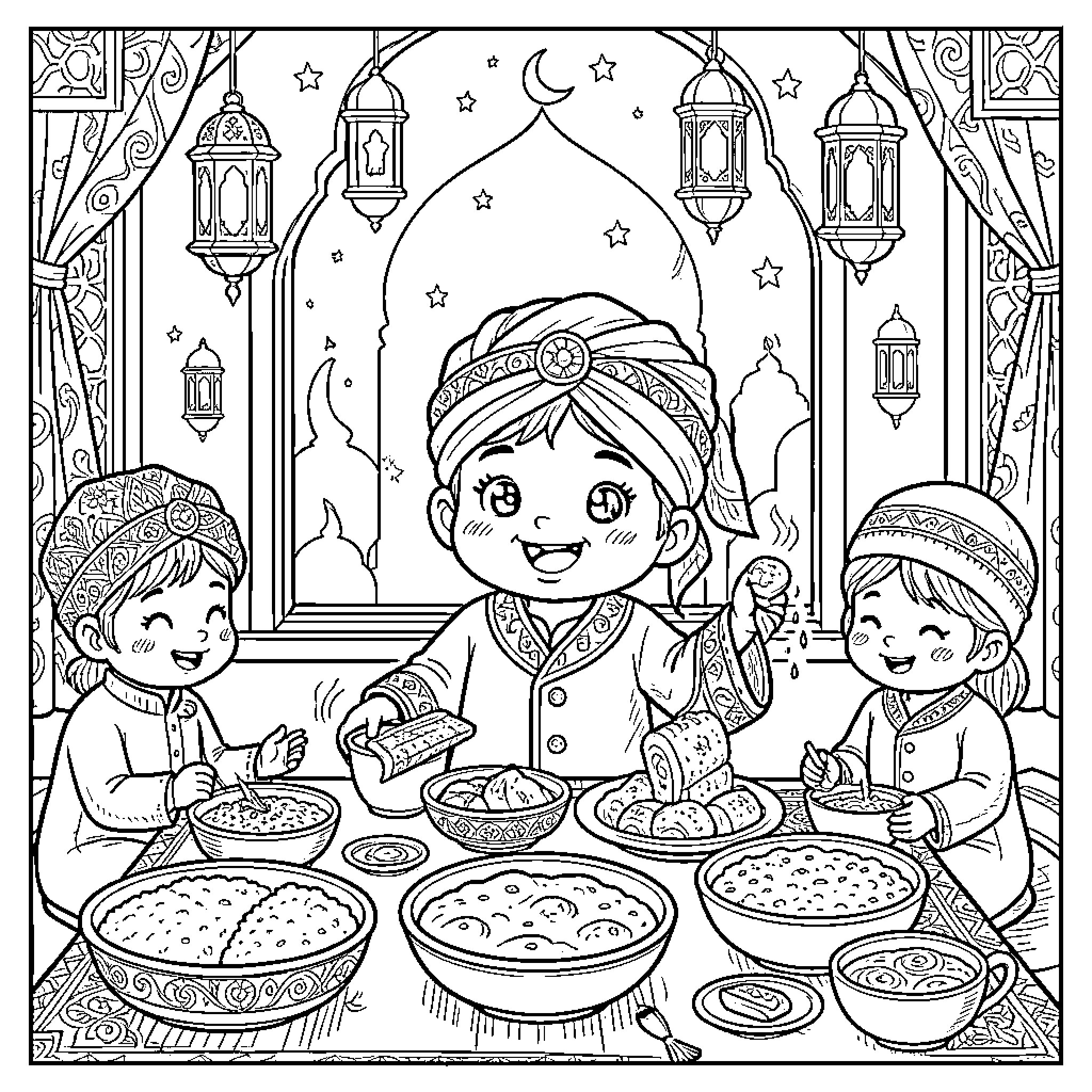 Tum Tum children enjoying a festive feast together Coloring Page (free black-and-white line drawing printable PDF for all, from beginners to advanced learners, including children, teens, adults, and seniors)