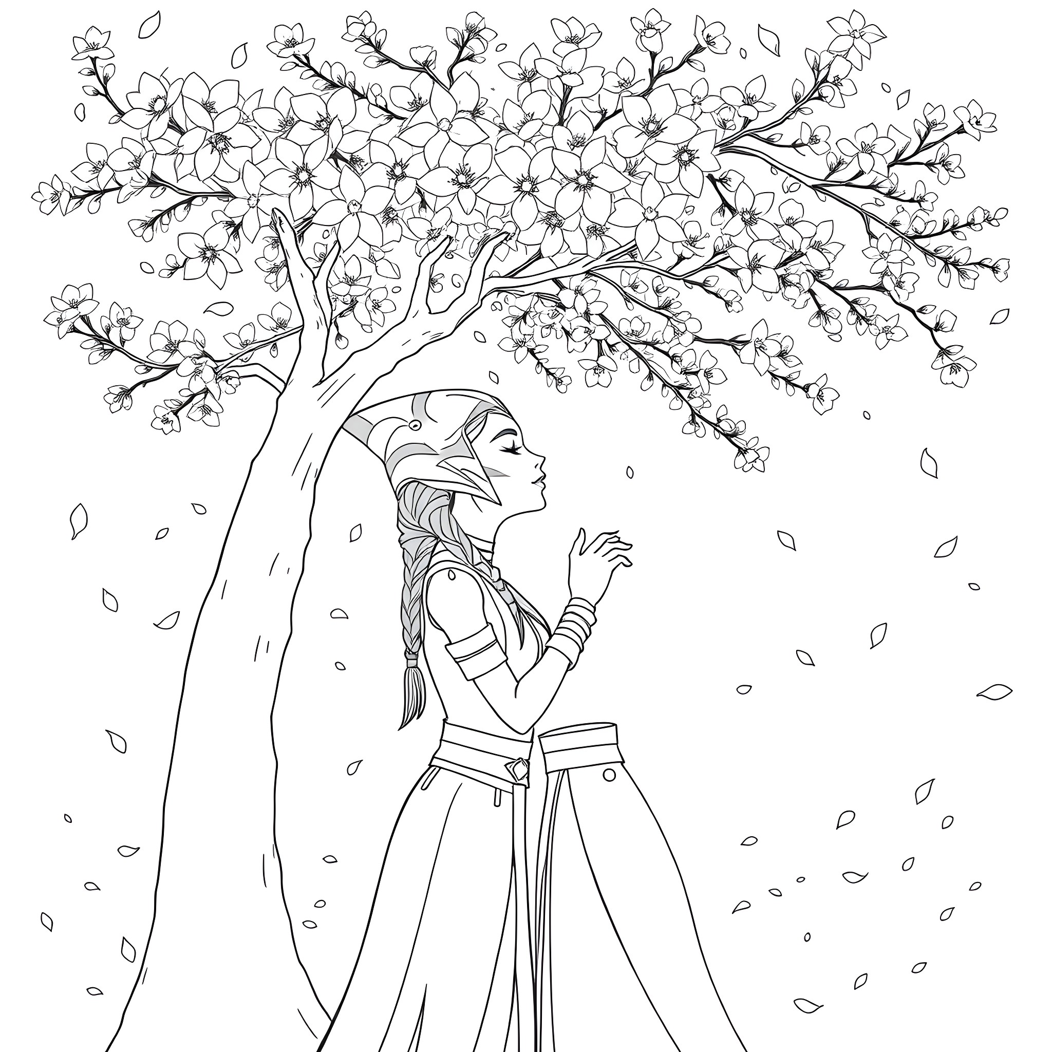 Ahsoka Tano standing beneath a blossoming tree Coloring Page (free black-and-white line drawing printable PDF for all, from beginners to advanced learners, including children, teens, adults, and seniors)