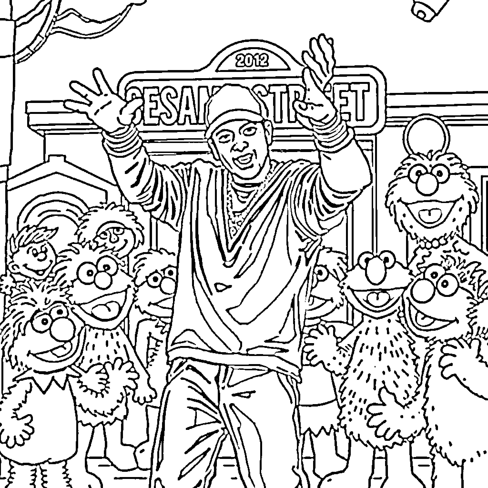 Eminem Performing with Colorful Cartoon Characters Coloring Page (free black-and-white line drawing printable PDF for all, from beginners to advanced learners, including children, teens, adults, and seniors)