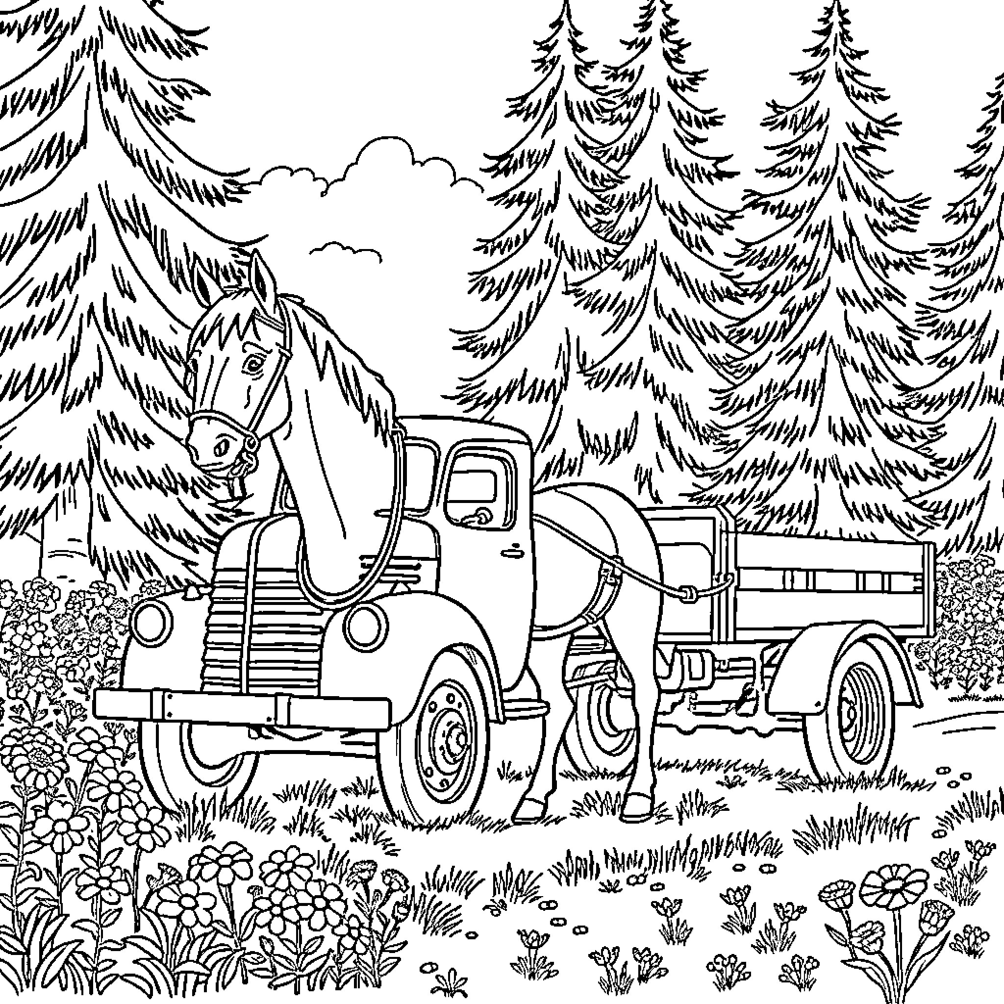Truck Transporting Supplies in Forest Landscape Coloring Page (free black-and-white line drawing printable PDF for all, from beginners to advanced learners, including children, teens, adults, and seniors)