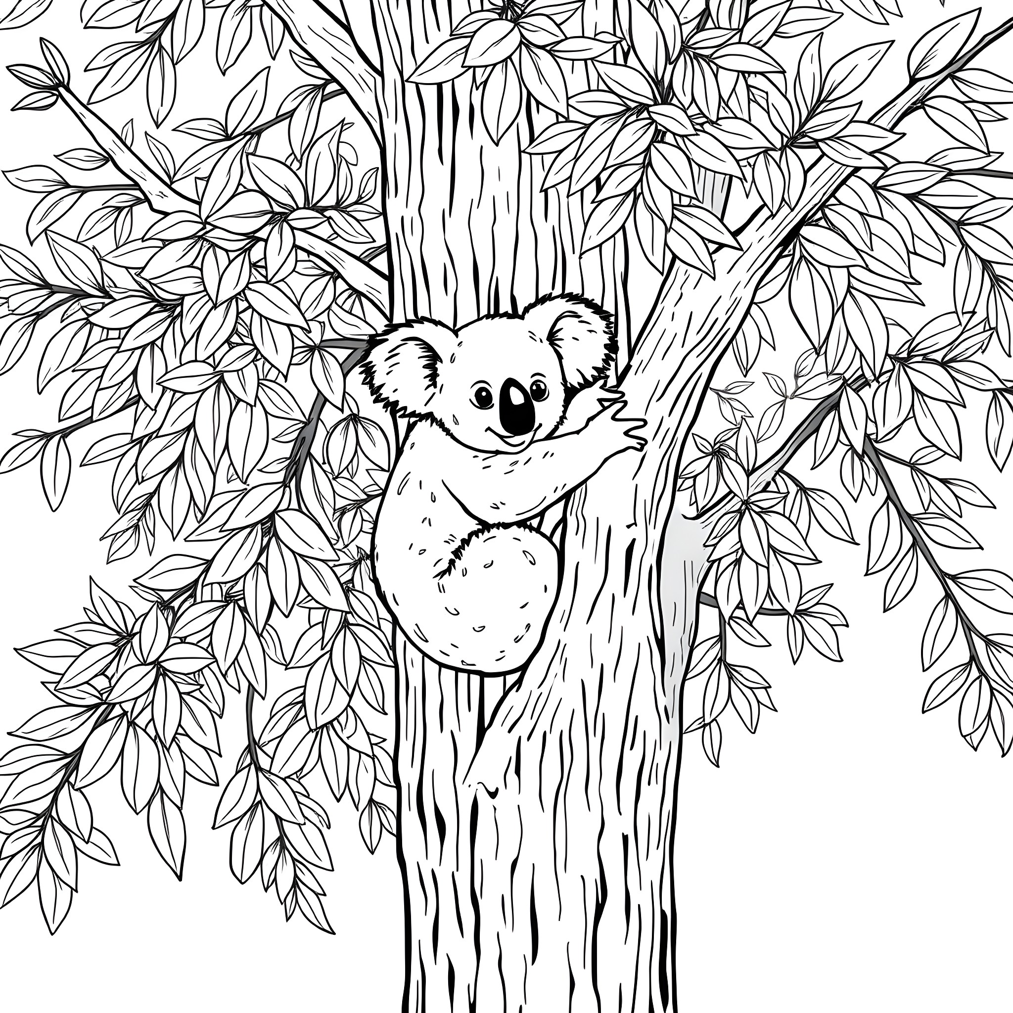 Koala relaxing on tree branch in the forest Coloring Page (free black-and-white line drawing printable PDF for all, from beginners to advanced learners, including children, teens, adults, and seniors)