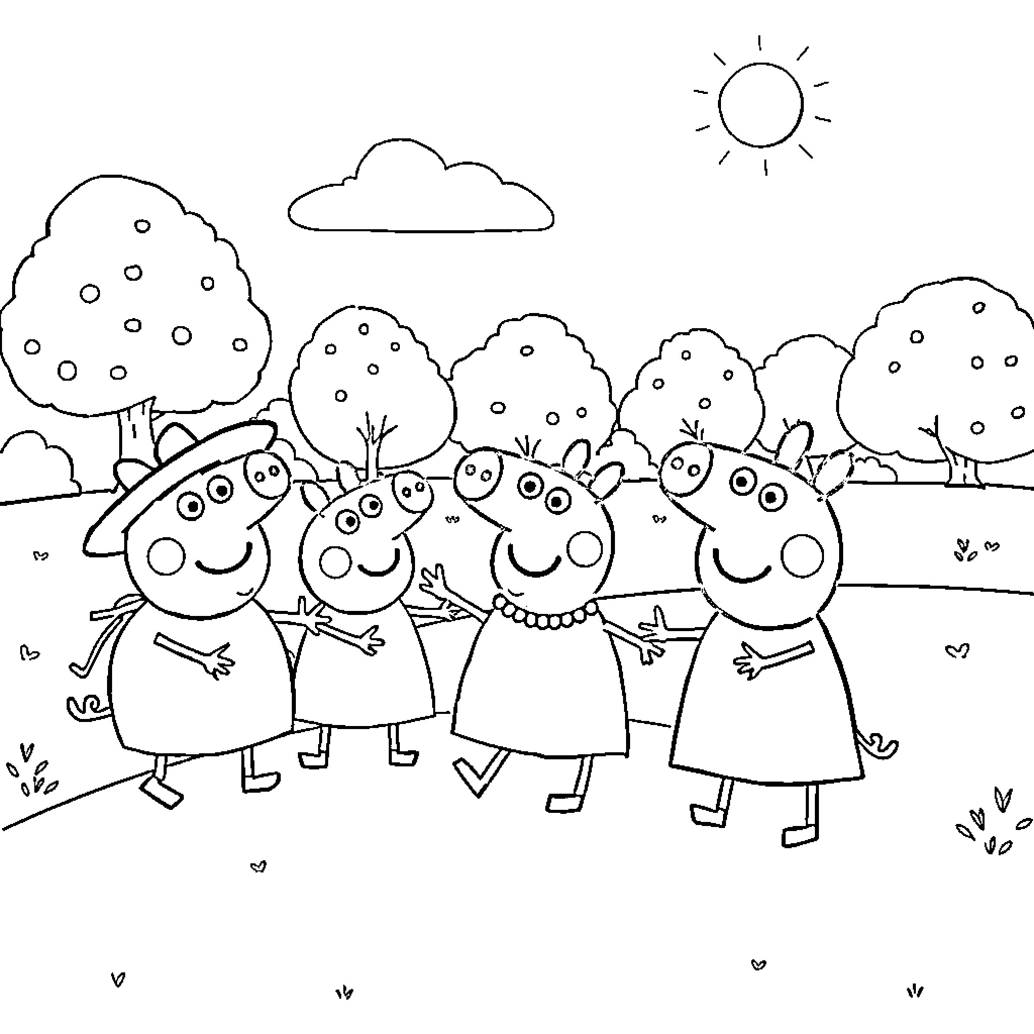 Peppa Pig family enjoying a day in the park Coloring Page (free black-and-white line drawing printable PDF for all, from beginners to advanced learners, including children, teens, adults, and seniors)