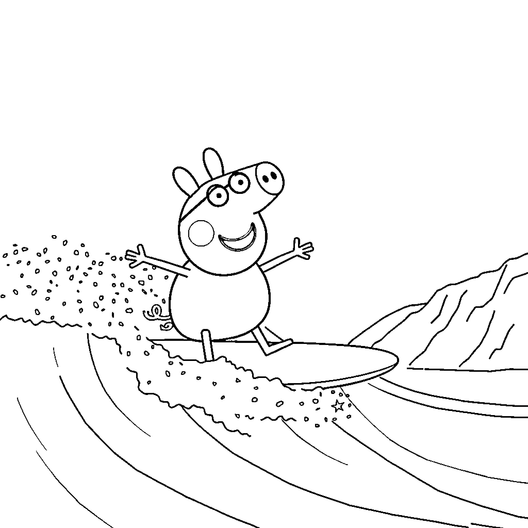 Peppa Pig surfing on a big wave Coloring Page (free black-and-white line drawing printable PDF for all, from beginners to advanced learners, including children, teens, adults, and seniors)