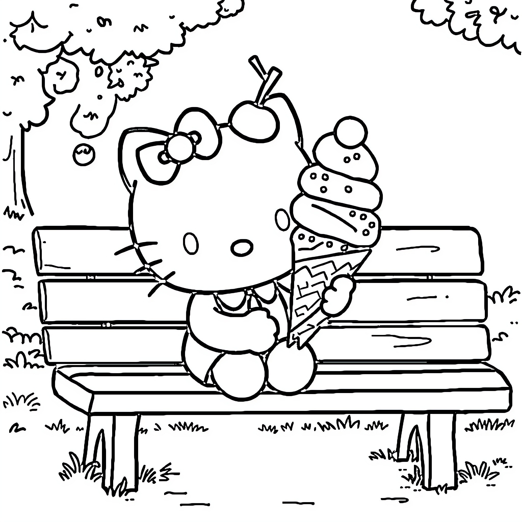 Hello Kitty enjoying an ice cream treat on a park bench Coloring Page (free black-and-white line drawing printable PDF for all, from beginners to advanced learners, including children, teens, adults, and seniors)