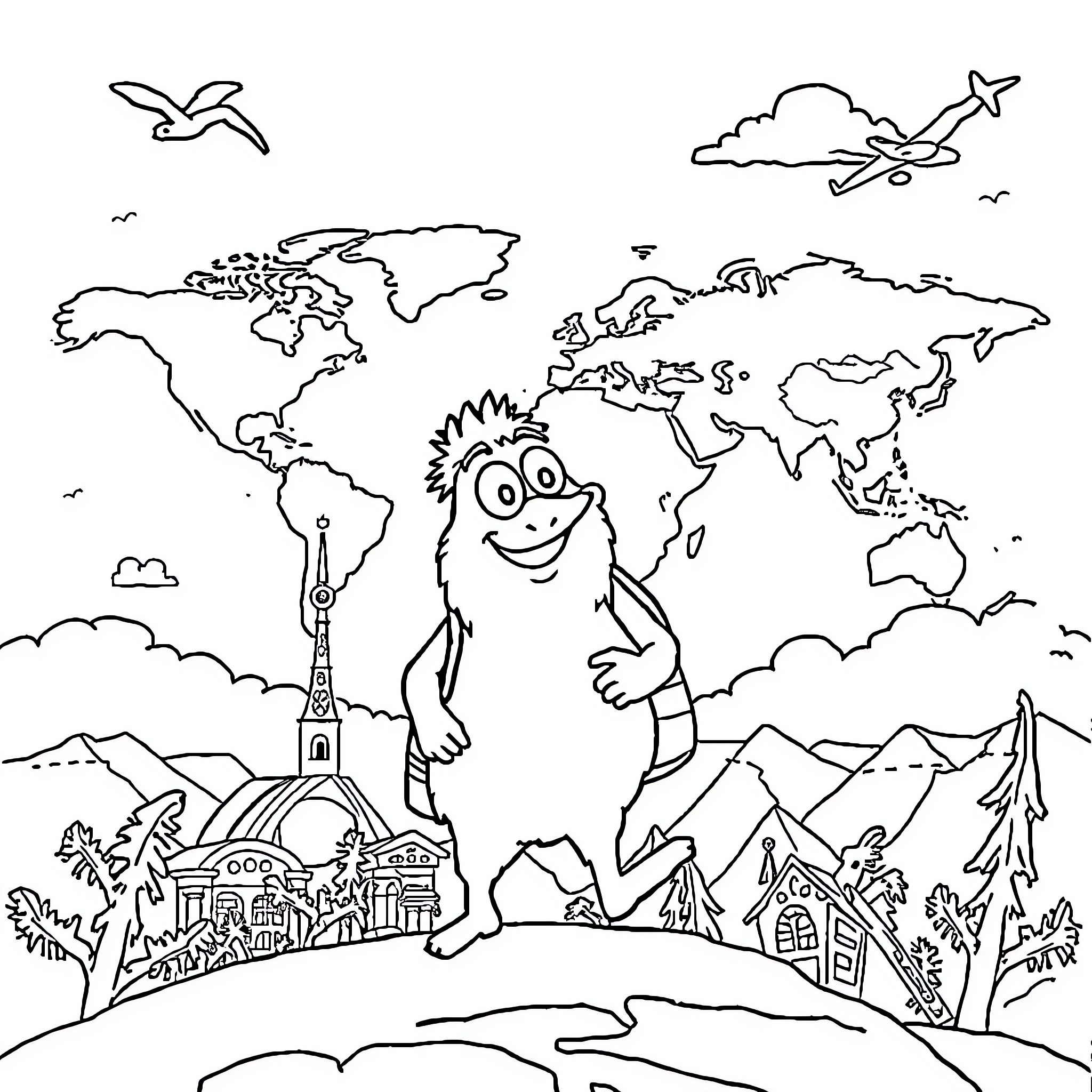 Willy Fog's Worldly Adventure Coloring Page (free black-and-white line drawing printable PDF for all, from beginners to advanced learners, including children, teens, adults, and seniors)