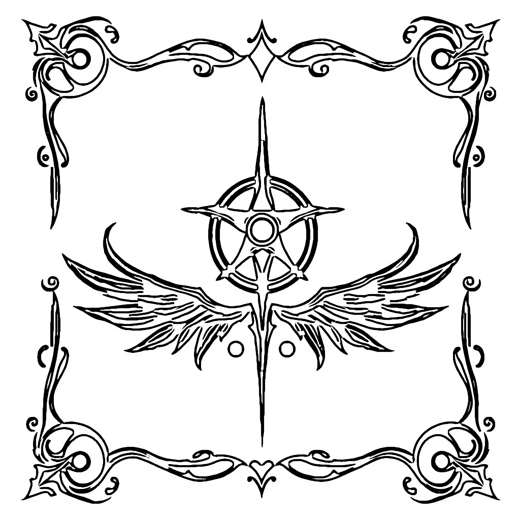 Goth Tattoo Design with Winged Pentagram Coloring Page (free black-and-white line drawing printable PDF for all, from beginners to advanced learners, including children, teens, adults, and seniors)