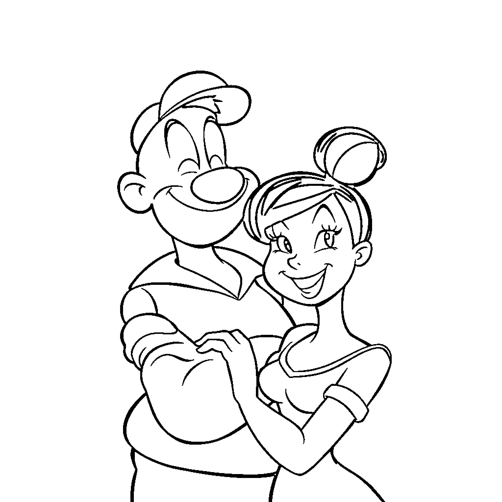 Popeye and his girlfriend in an affectionate embrace Coloring Page (free black-and-white line drawing printable PDF for all, from beginners to advanced learners, including children, teens, adults, and seniors)