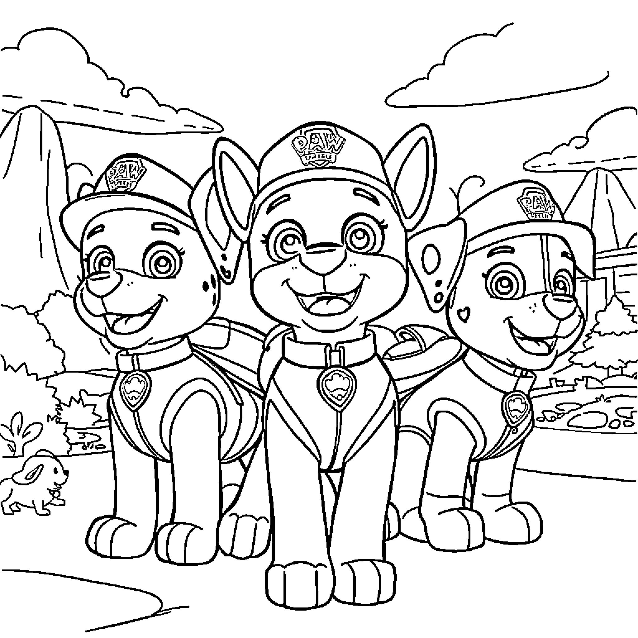 Paw Patrol team members on a mission Coloring Page (free black-and-white line drawing printable PDF for all, from beginners to advanced learners, including children, teens, adults, and seniors)