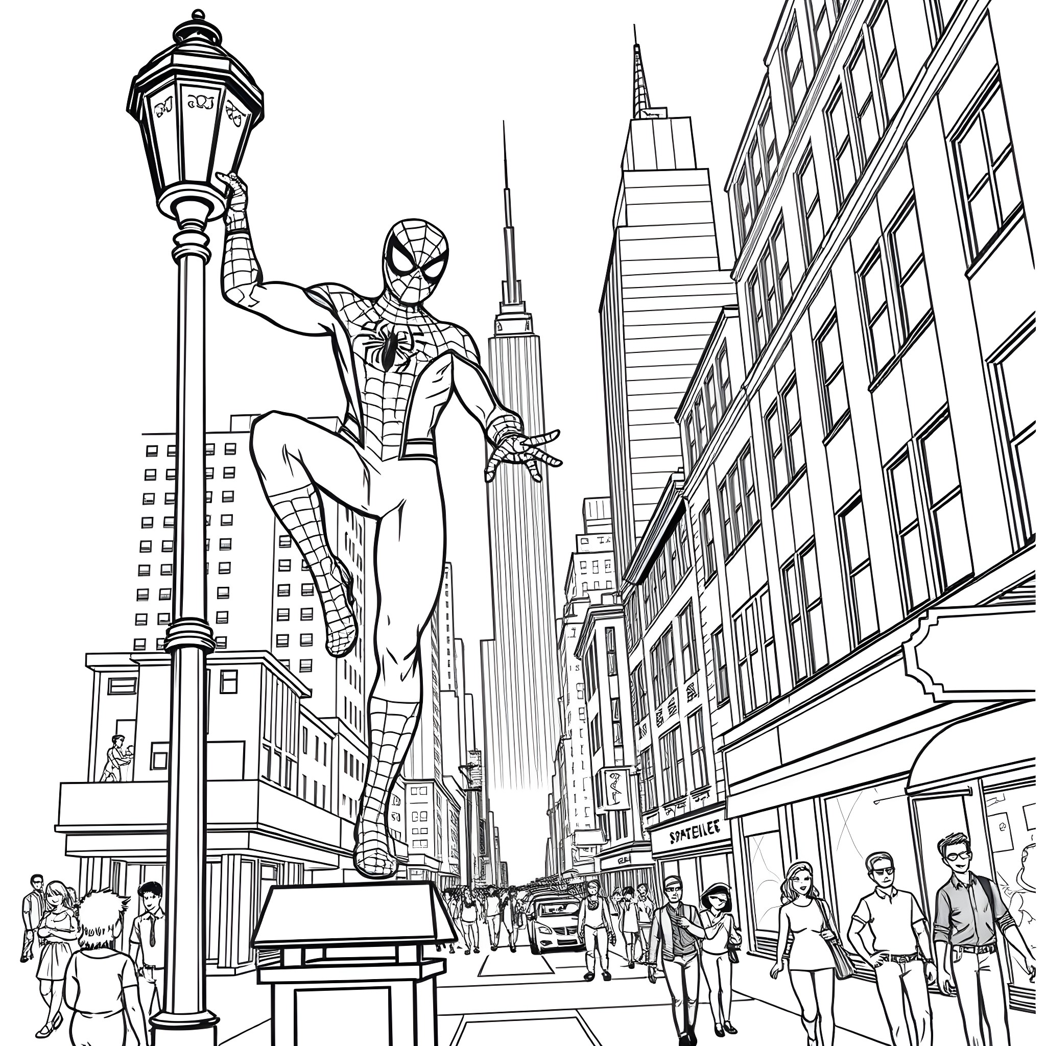 Spiderman swinging through the streets of New York City Coloring Page (free black-and-white line drawing printable PDF for all, from beginners to advanced learners, including children, teens, adults, and seniors)