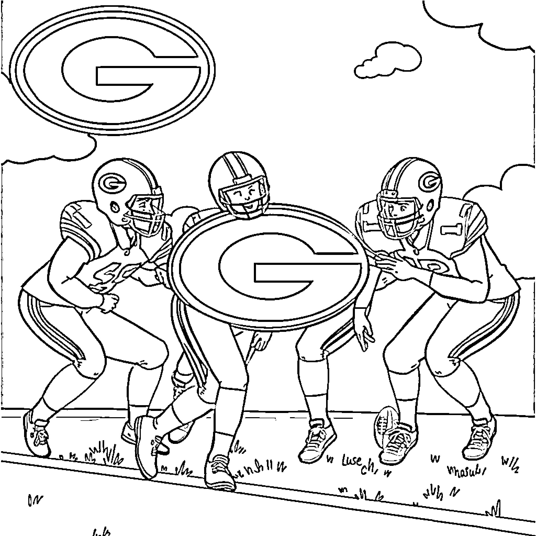 Packers players competing in football game Coloring Page (free black-and-white line drawing printable PDF for all, from beginners to advanced learners, including children, teens, adults, and seniors)