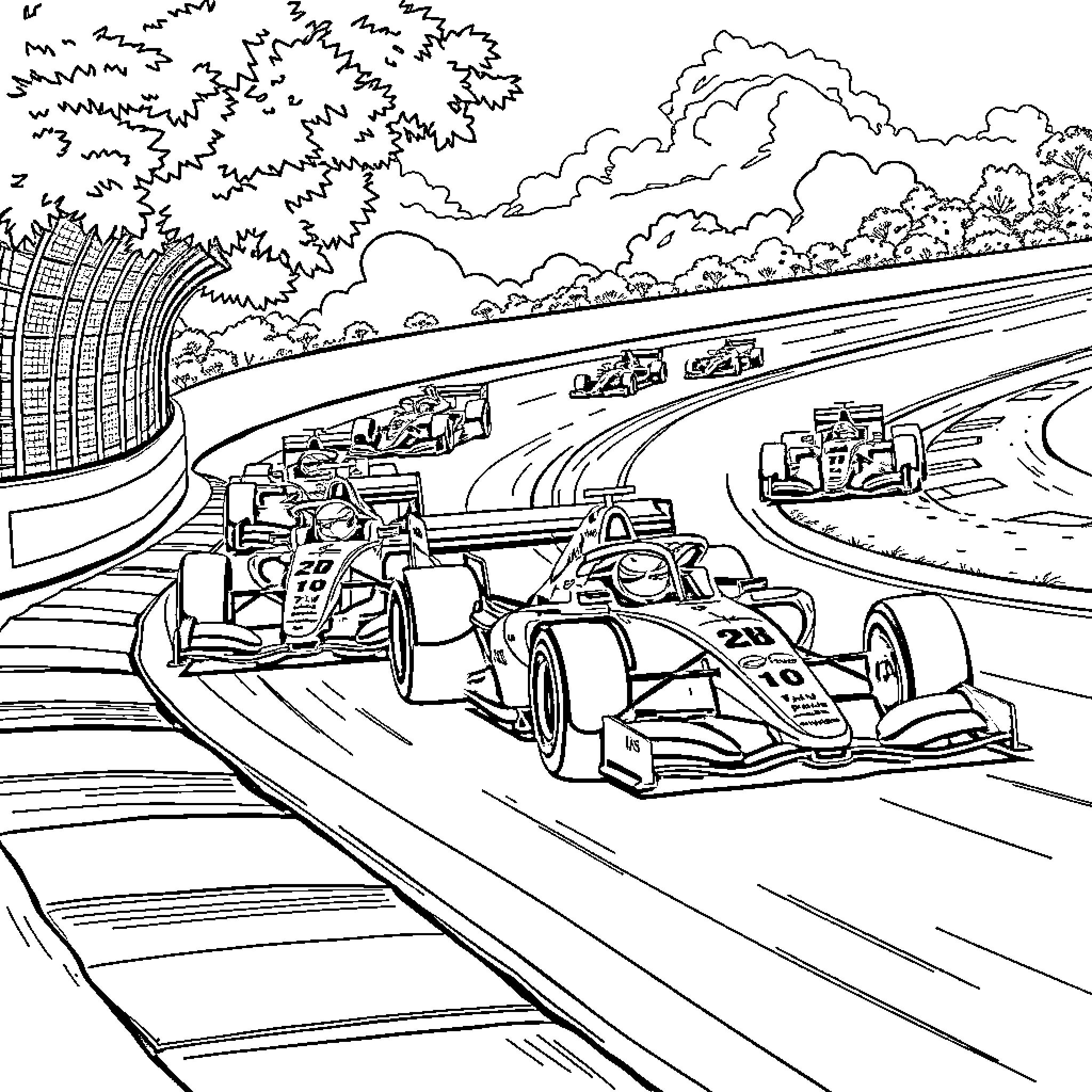 Formula 1 Race on Winding Track with Speeding Cars Coloring Page (free black-and-white line drawing printable PDF for all, from beginners to advanced learners, including children, teens, adults, and seniors)