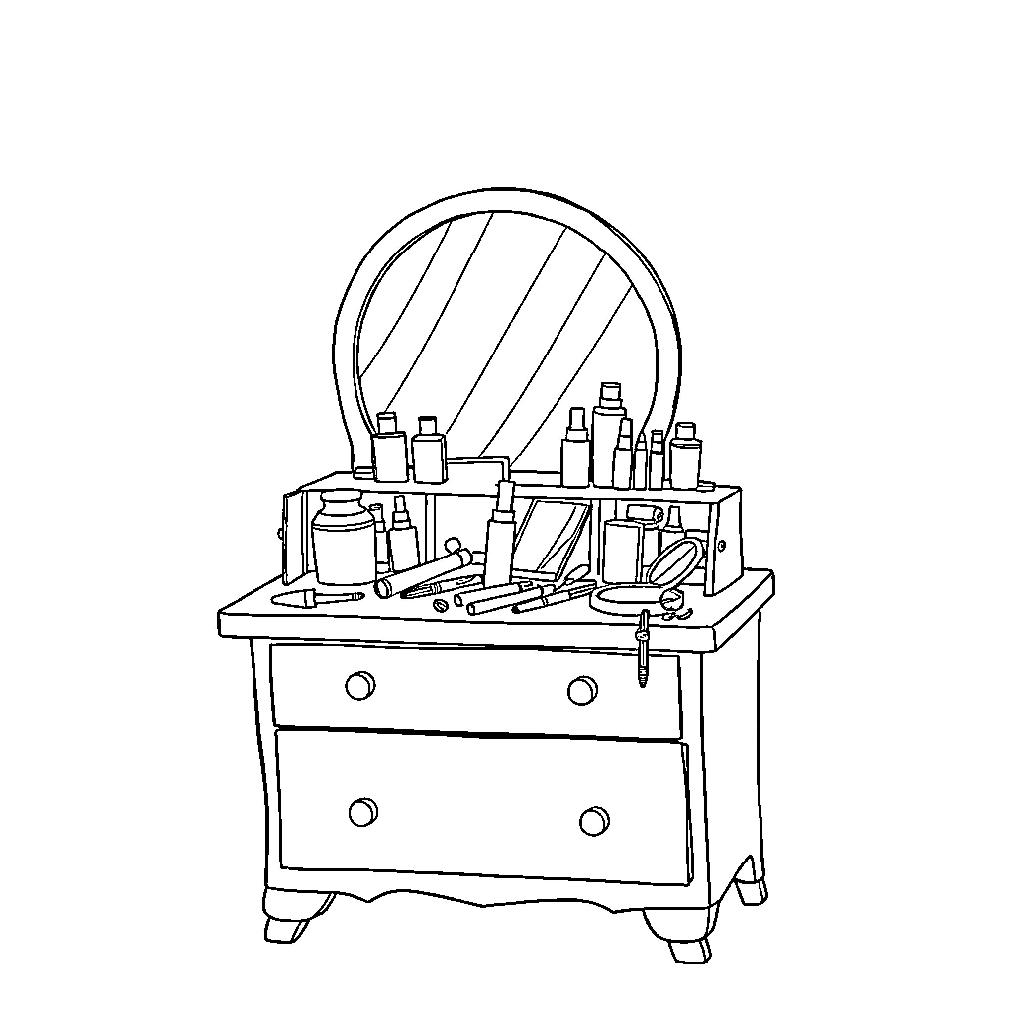 Commode with makeup and toiletry items Coloring Page (free black-and-white line drawing printable PDF for all, from beginners to advanced learners, including children, teens, adults, and seniors)