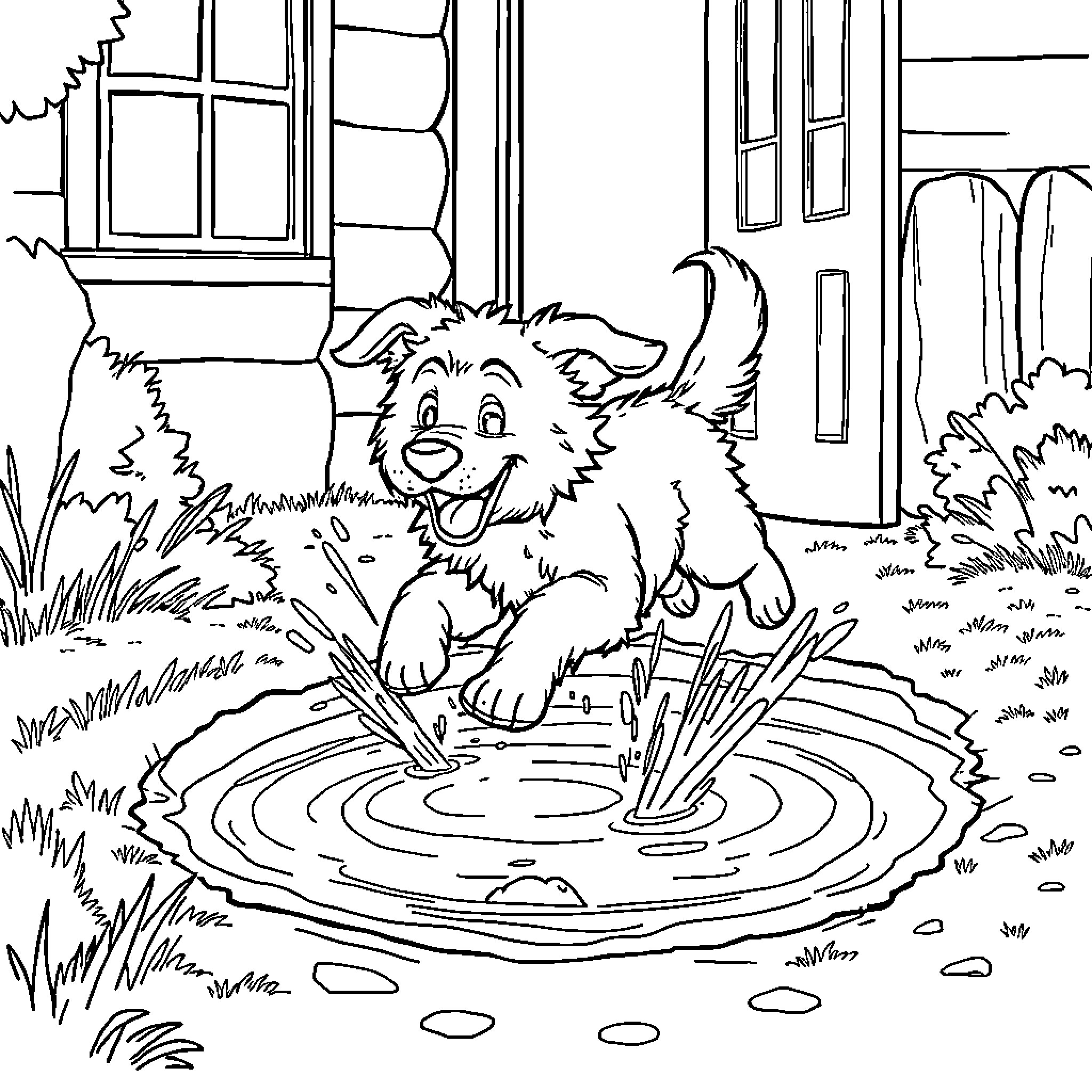 Dog splashing happily in a puddle Coloring Page (free black-and-white line drawing printable PDF for all, from beginners to advanced learners, including children, teens, adults, and seniors)