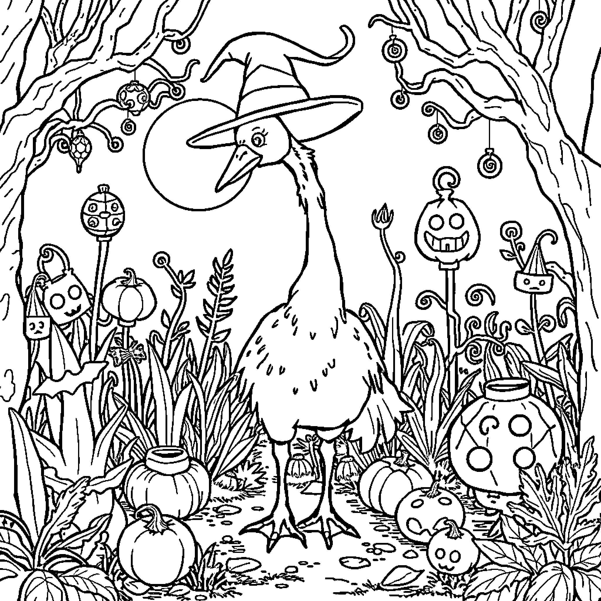 Goose celebrating Halloween in a spooky forest Coloring Page (free black-and-white line drawing printable PDF for all, from beginners to advanced learners, including children, teens, adults, and seniors)