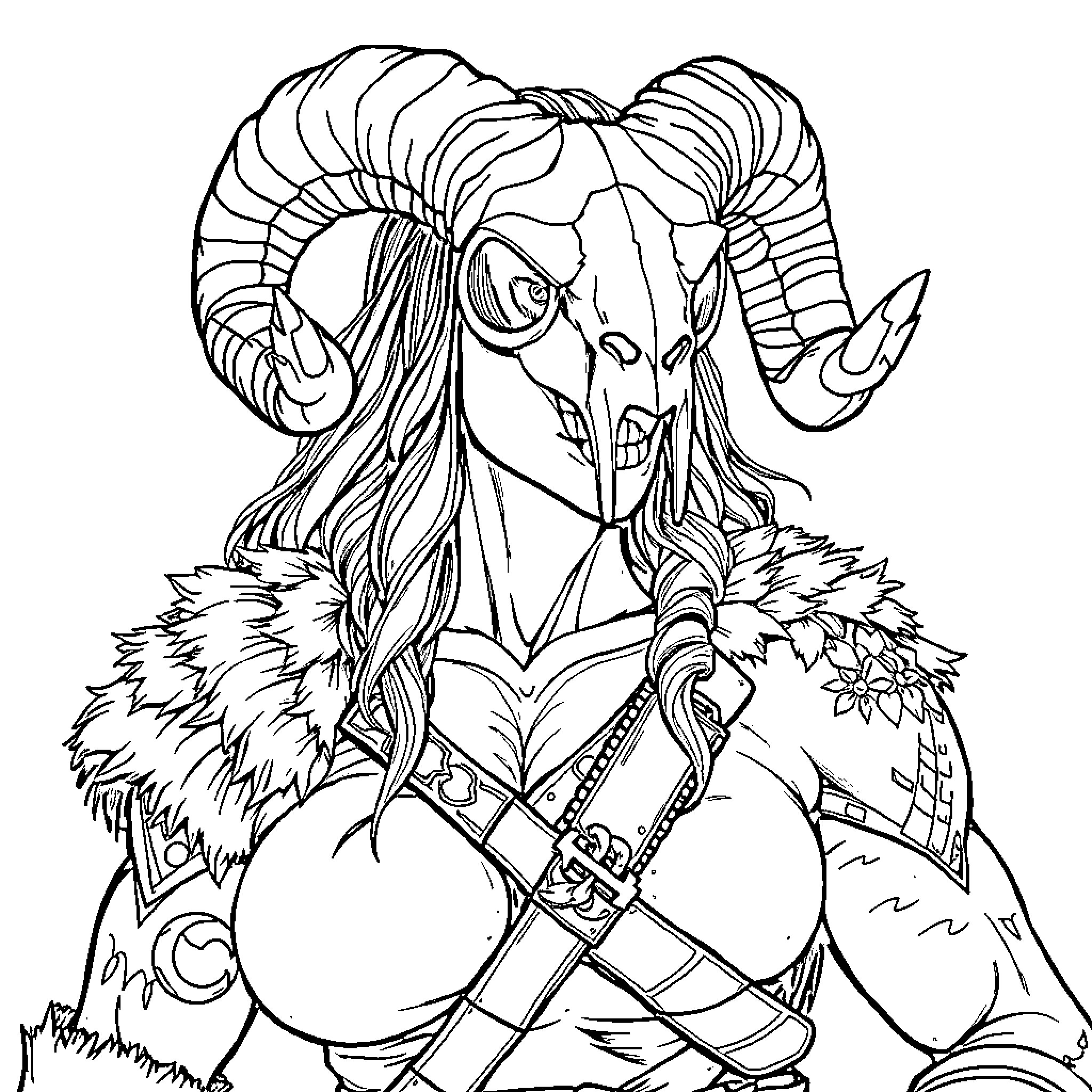 Woman with horned headdress in fantasy outfit Coloring Page (free black-and-white line drawing printable PDF for all, from beginners to advanced learners, including children, teens, adults, and seniors)