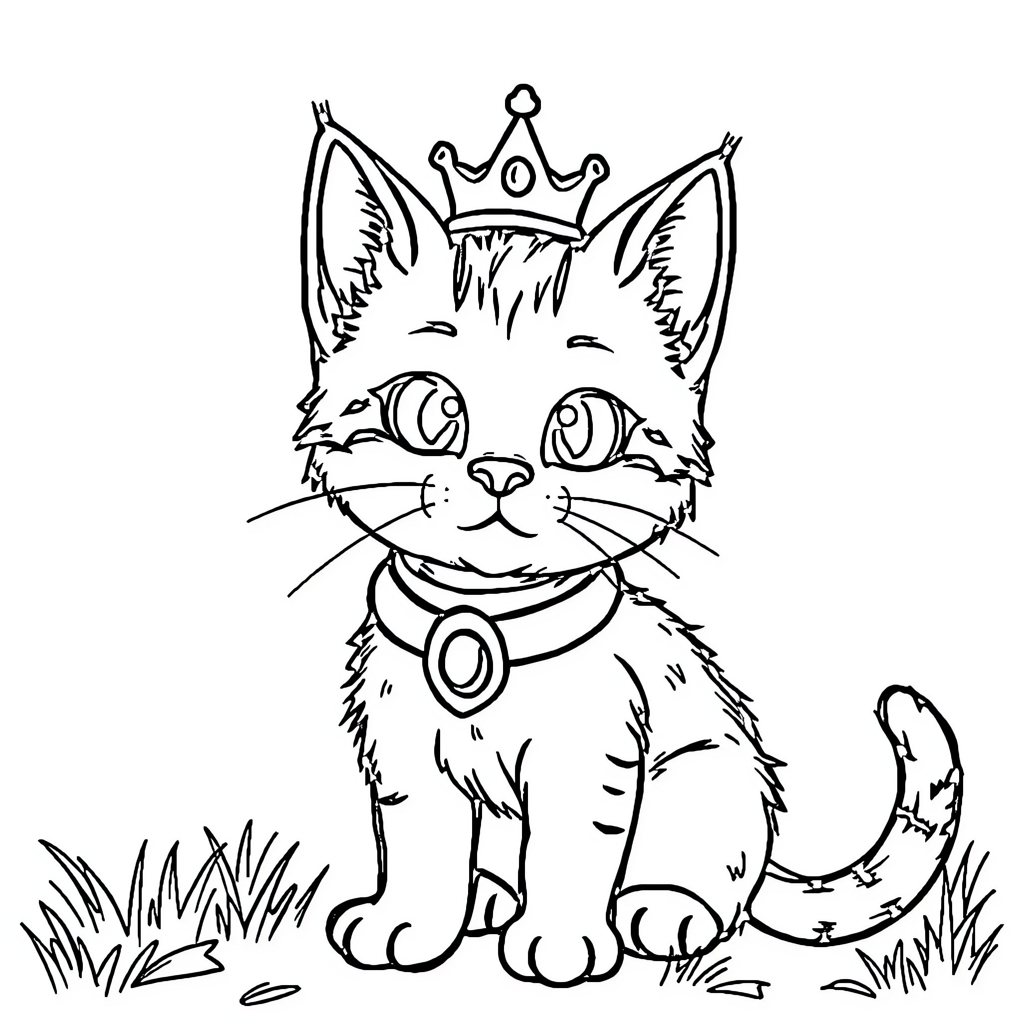 Cat wearing a crown in a grassy field Coloring Page (free black-and-white line drawing printable PDF for all, from beginners to advanced learners, including children, teens, adults, and seniors)
