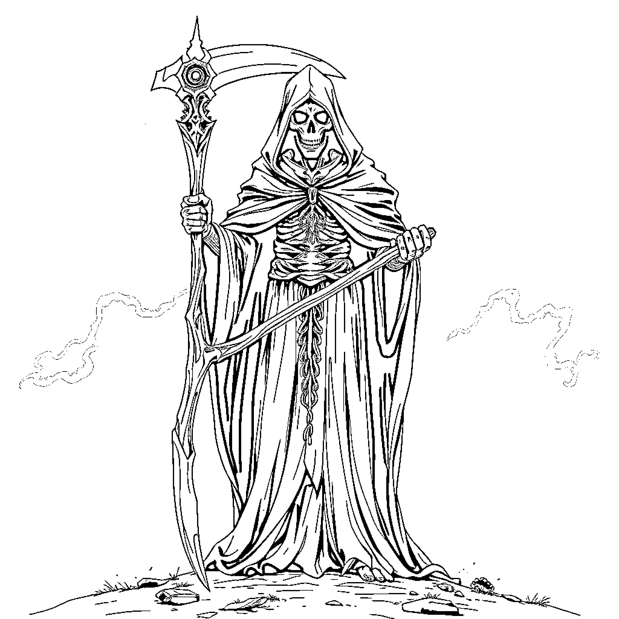 Dios de la Muerte - Skeletal Reaper Wielding Scythe Coloring Page (free black-and-white line drawing printable PDF for all, from beginners to advanced learners, including children, teens, adults, and seniors)