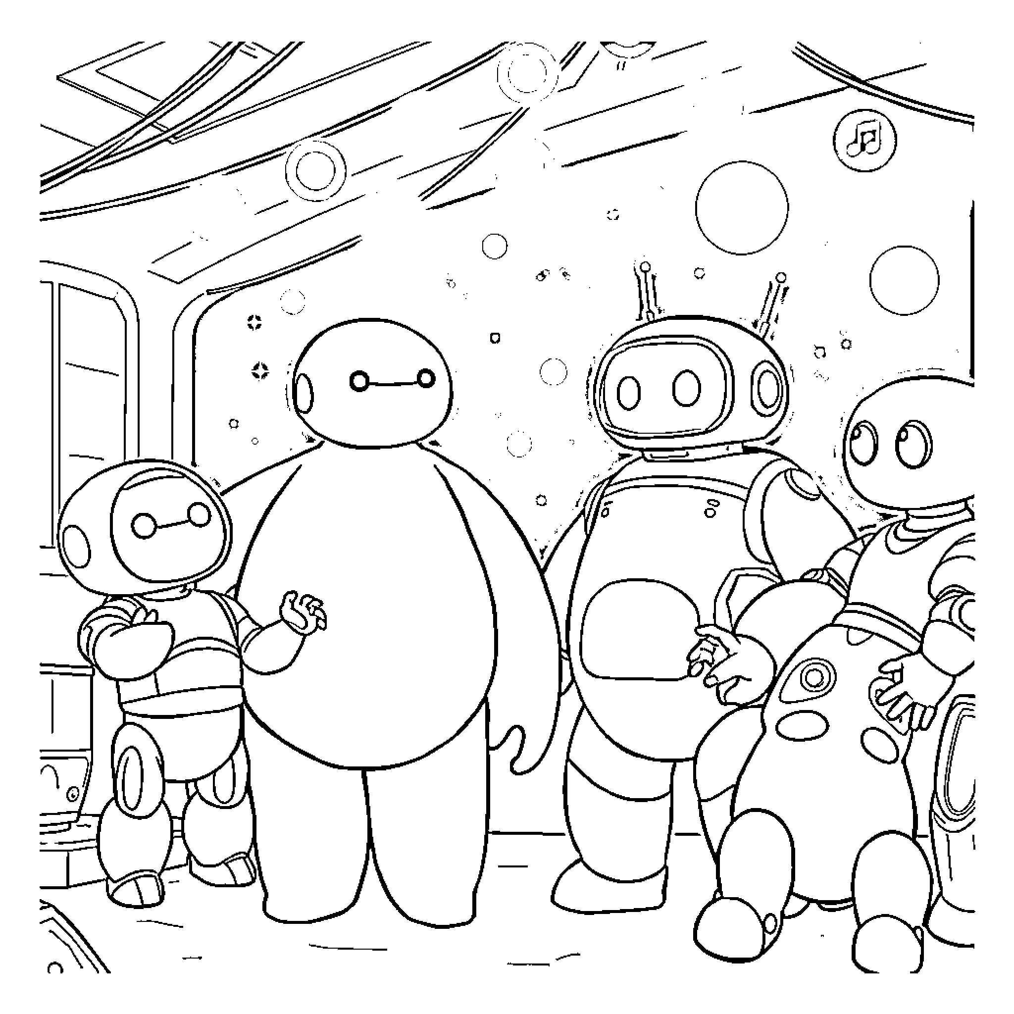 Robots engaging in playful activities Coloring Page (free black-and-white line drawing printable PDF for all, from beginners to advanced learners, including children, teens, adults, and seniors)
