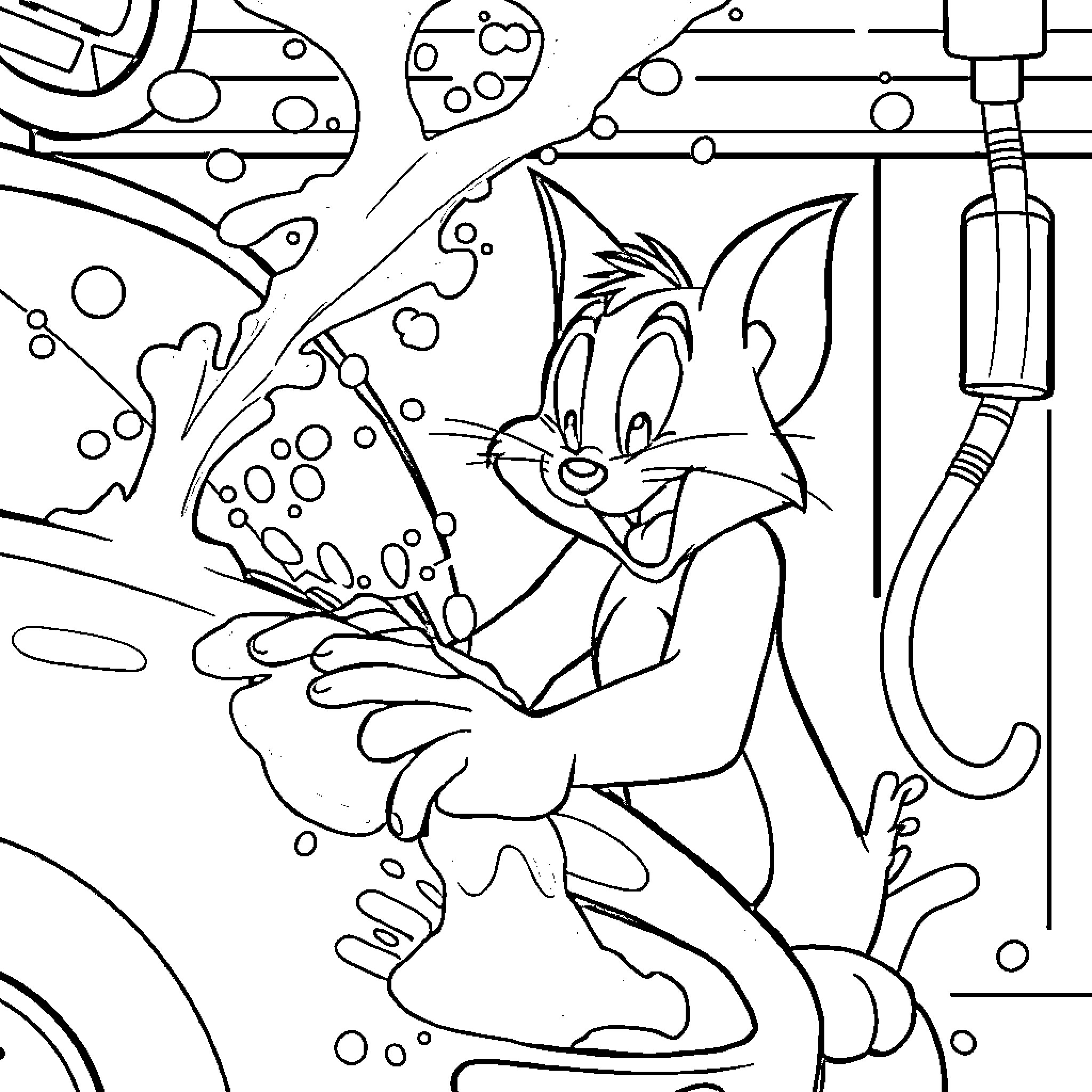 Tom's Imaginative Adventures in a Whimsical World Coloring Page (free black-and-white line drawing printable PDF for all, from beginners to advanced learners, including children, teens, adults, and seniors)