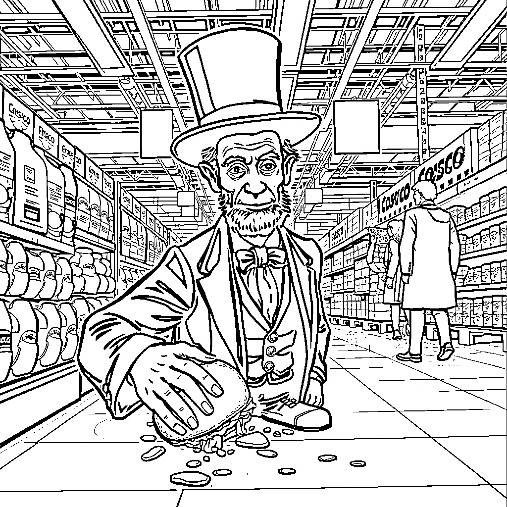 Abraham Lincoln shopping in a vintage grocery store Coloring Page (free black-and-white line drawing printable PDF for all, from beginners to advanced learners, including children, teens, adults, and seniors)