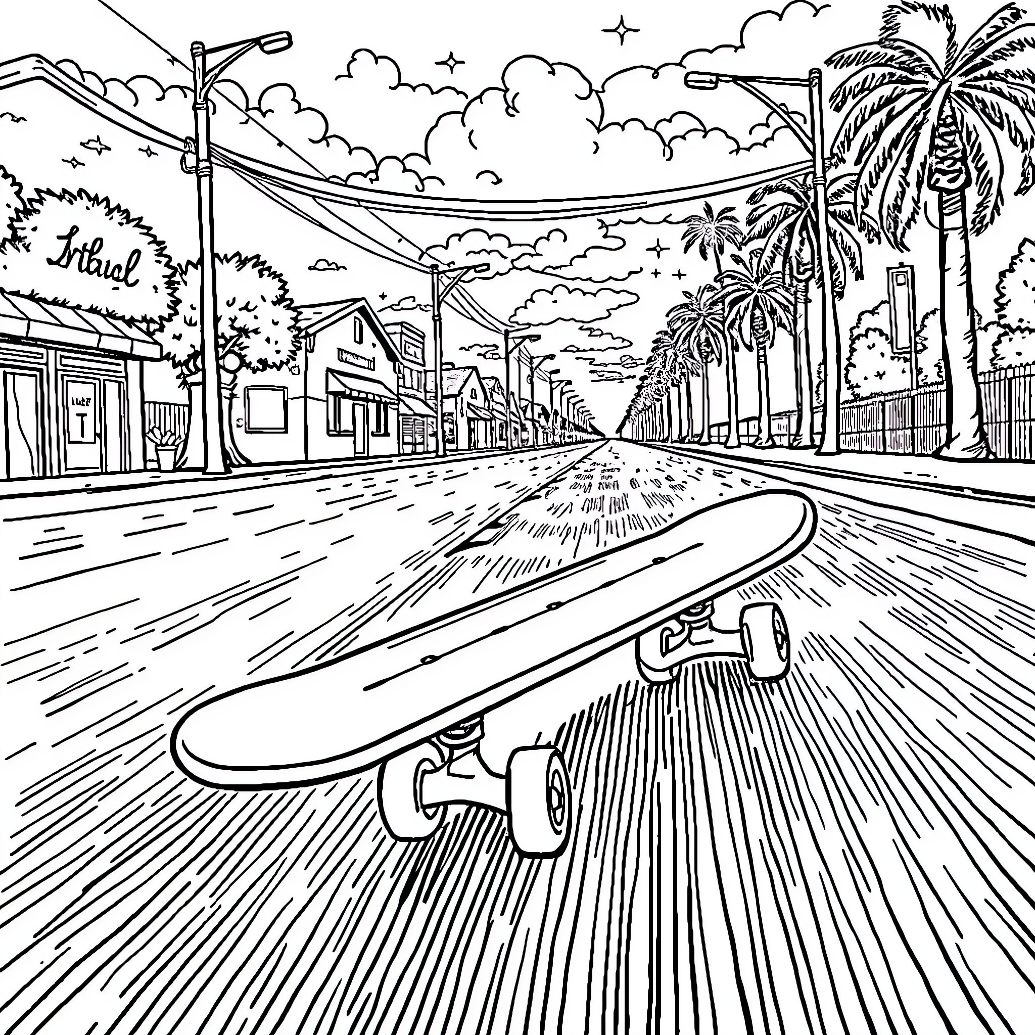 Skateboard riding down a palm-lined street Coloring Page (free black-and-white line drawing printable PDF for all, from beginners to advanced learners, including children, teens, adults, and seniors)