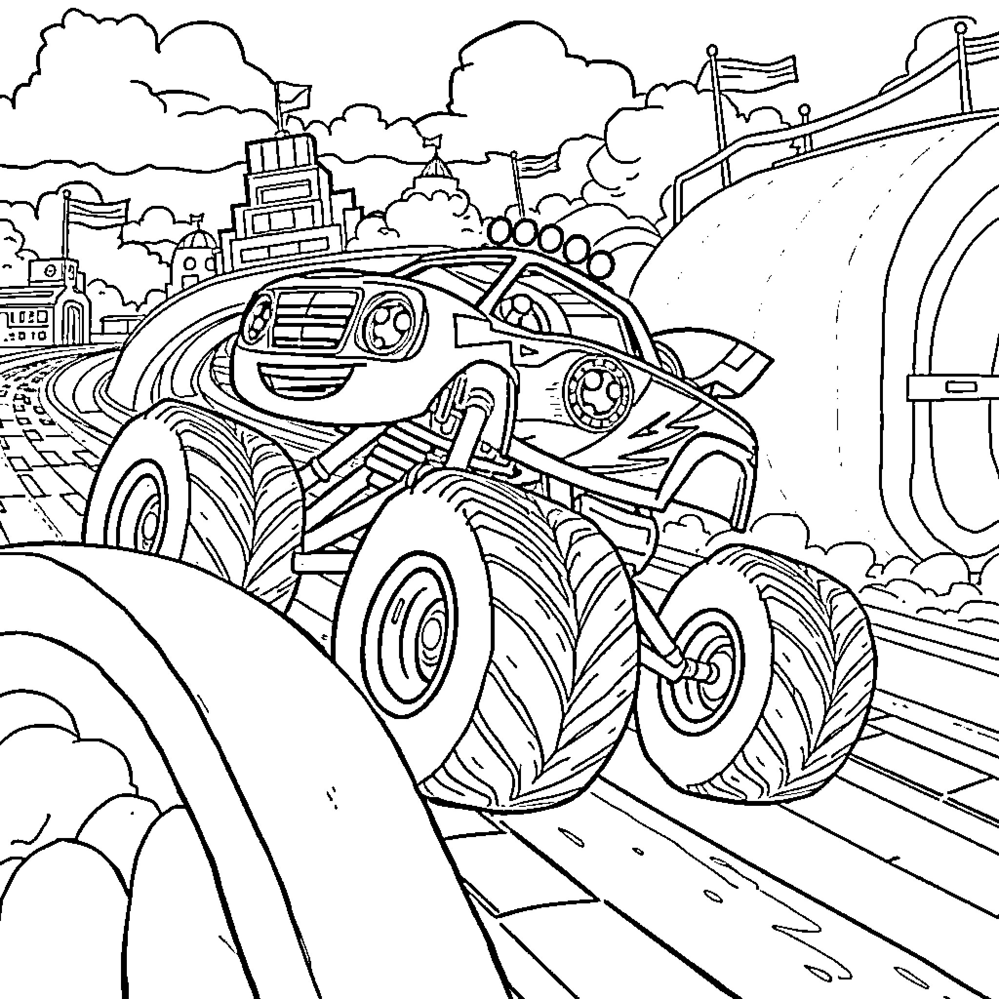 Watts Monster Truck Racing through Cityscape Coloring Page (free black-and-white line drawing printable PDF for all, from beginners to advanced learners, including children, teens, adults, and seniors)