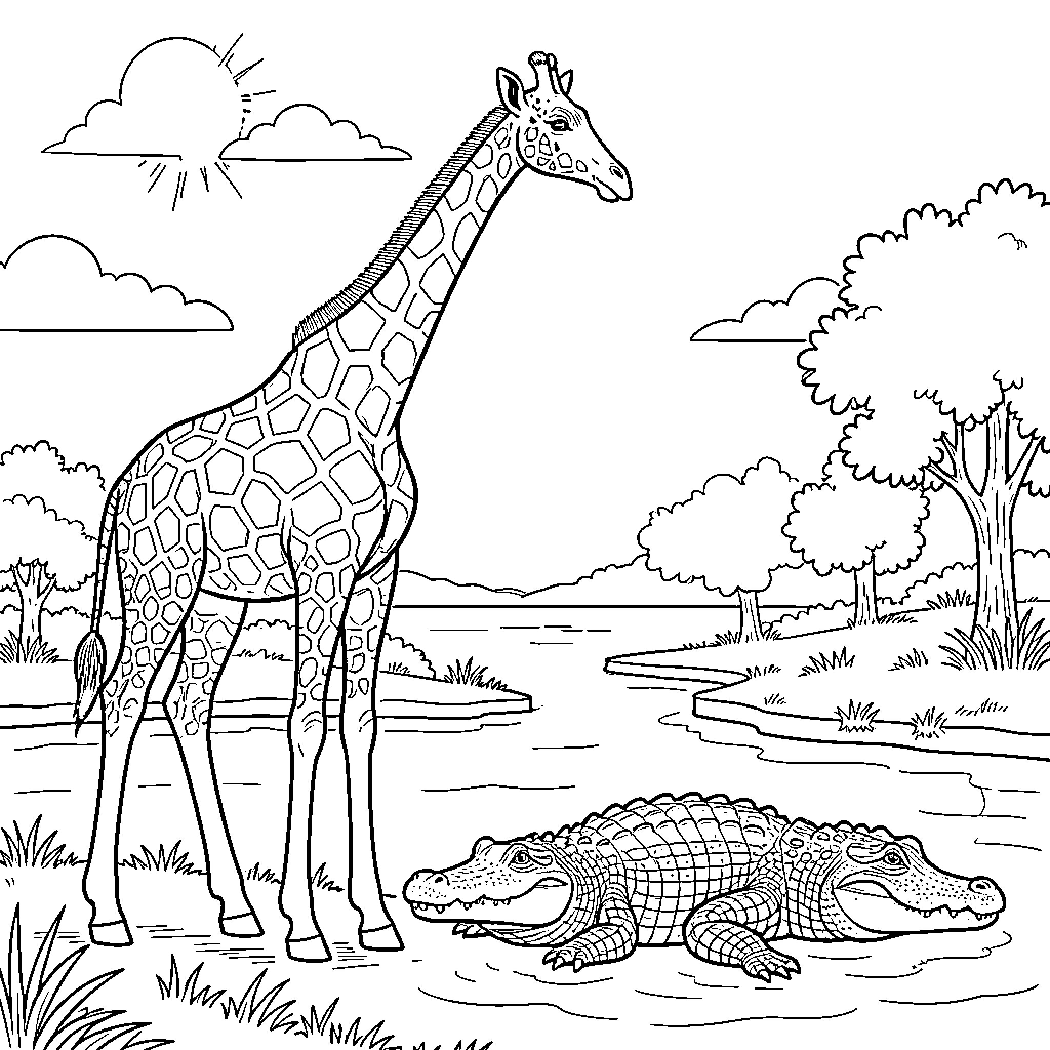 Giraffe and Crocodile in Serene Wilderness Coloring Page (free black-and-white line drawing printable PDF for all, from beginners to advanced learners, including children, teens, adults, and seniors)