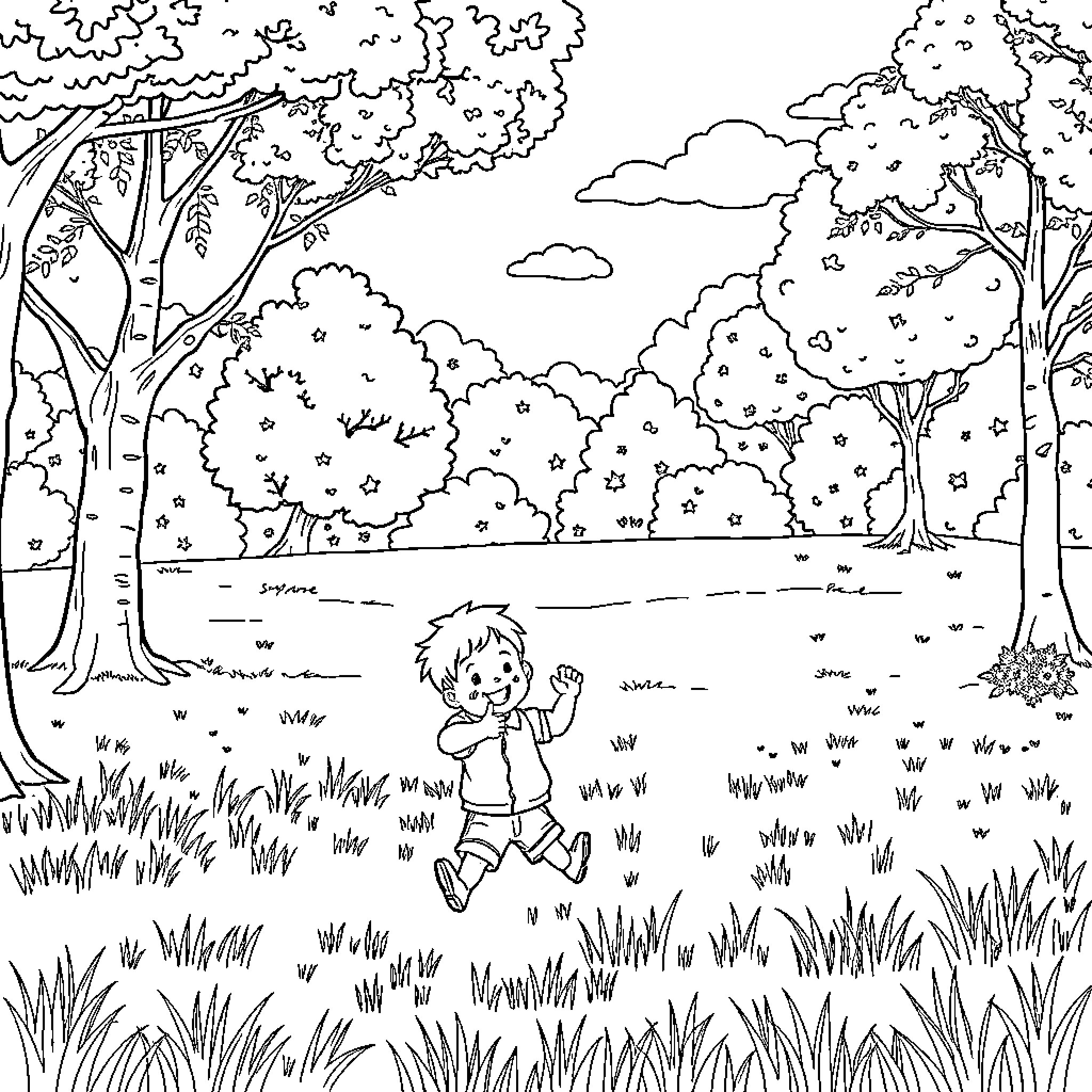 Boy exploring the woods with nature Coloring Page (free black-and-white line drawing printable PDF for all, from beginners to advanced learners, including children, teens, adults, and seniors)
