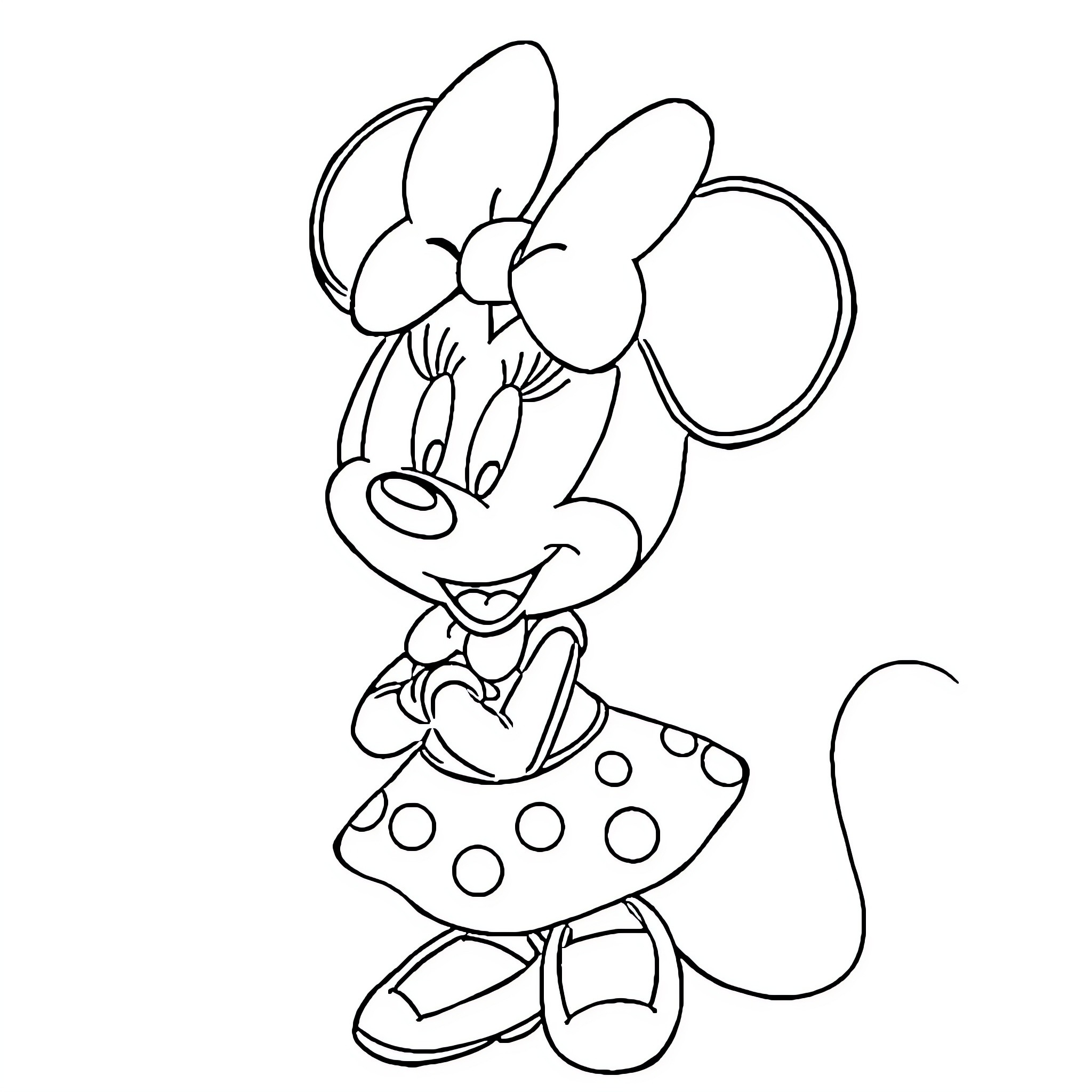 Minnie Mouse in a polka dot dress Coloring Page (free black-and-white line drawing printable PDF for all, from beginners to advanced learners, including children, teens, adults, and seniors)