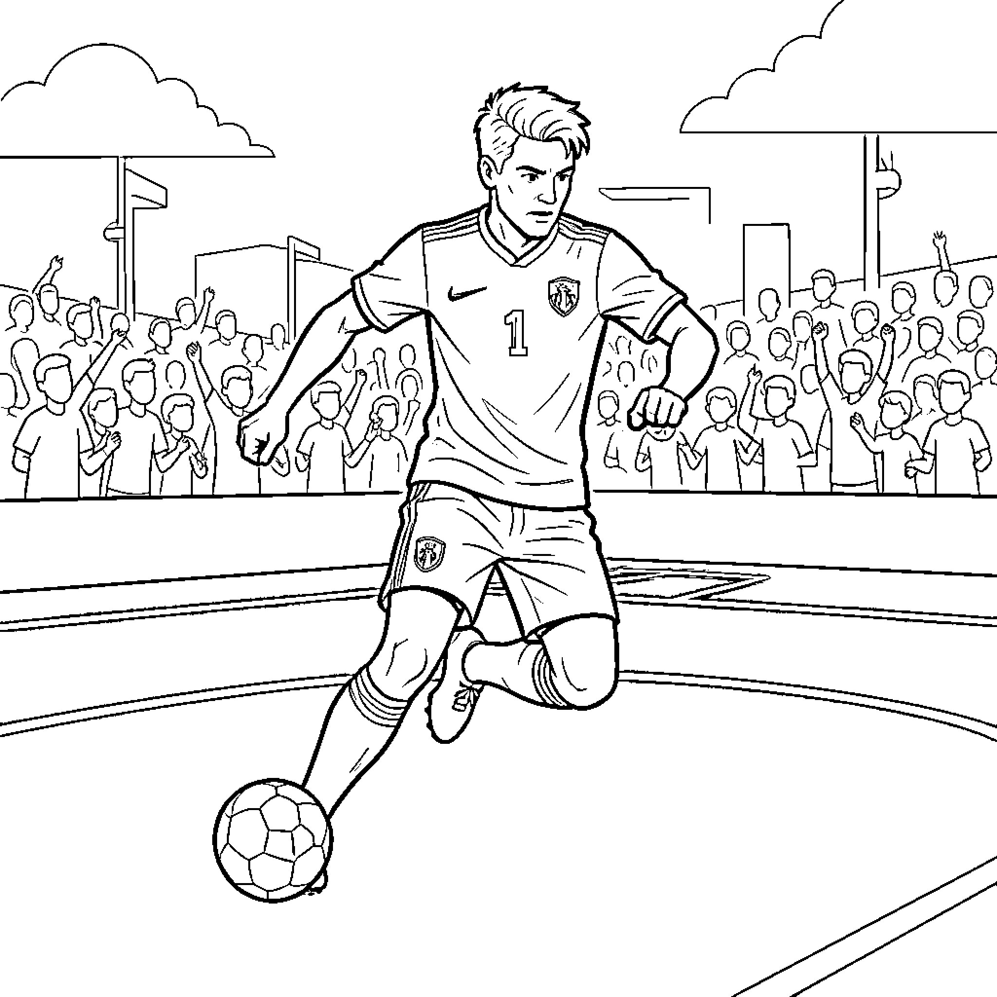 Football Player Celebrating Victory on the Field Coloring Page (free black-and-white line drawing printable PDF for all, from beginners to advanced learners, including children, teens, adults, and seniors)