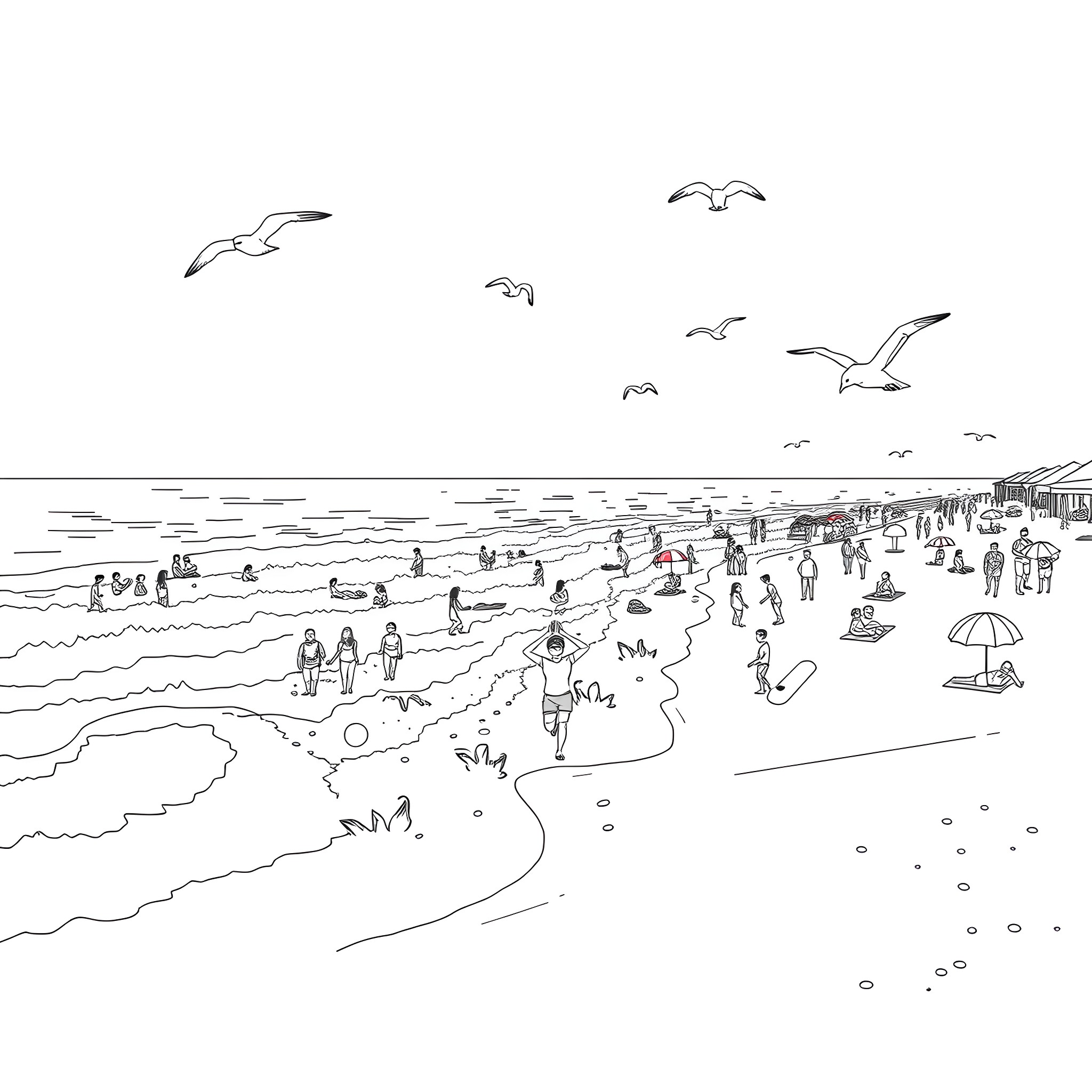 Beach scene with people and birds Coloring Page (free black-and-white line drawing printable PDF for all, from beginners to advanced learners, including children, teens, adults, and seniors)