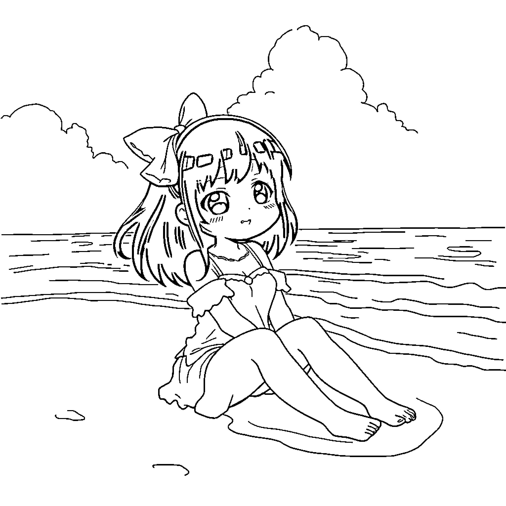 Mikomi Hokina enjoying a peaceful day at the beach Coloring Page (free black-and-white line drawing printable PDF for all, from beginners to advanced learners, including children, teens, adults, and seniors)