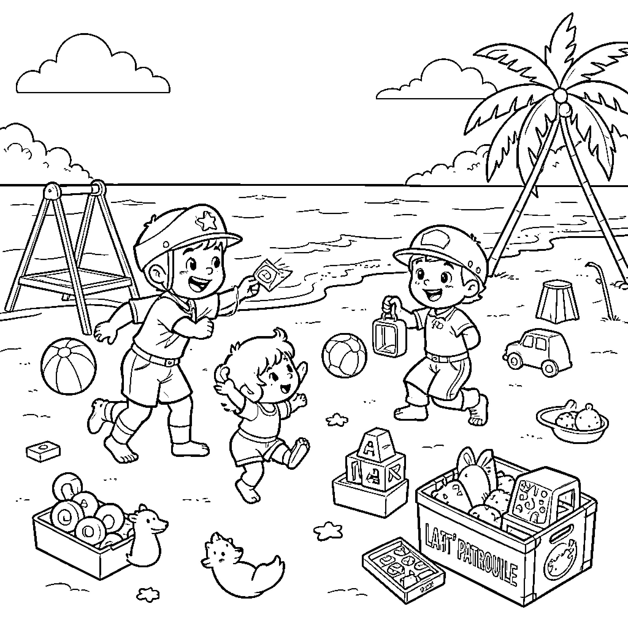 Paw Patrol characters playing happily on the beach Coloring Page (free black-and-white line drawing printable PDF for all, from beginners to advanced learners, including children, teens, adults, and seniors)