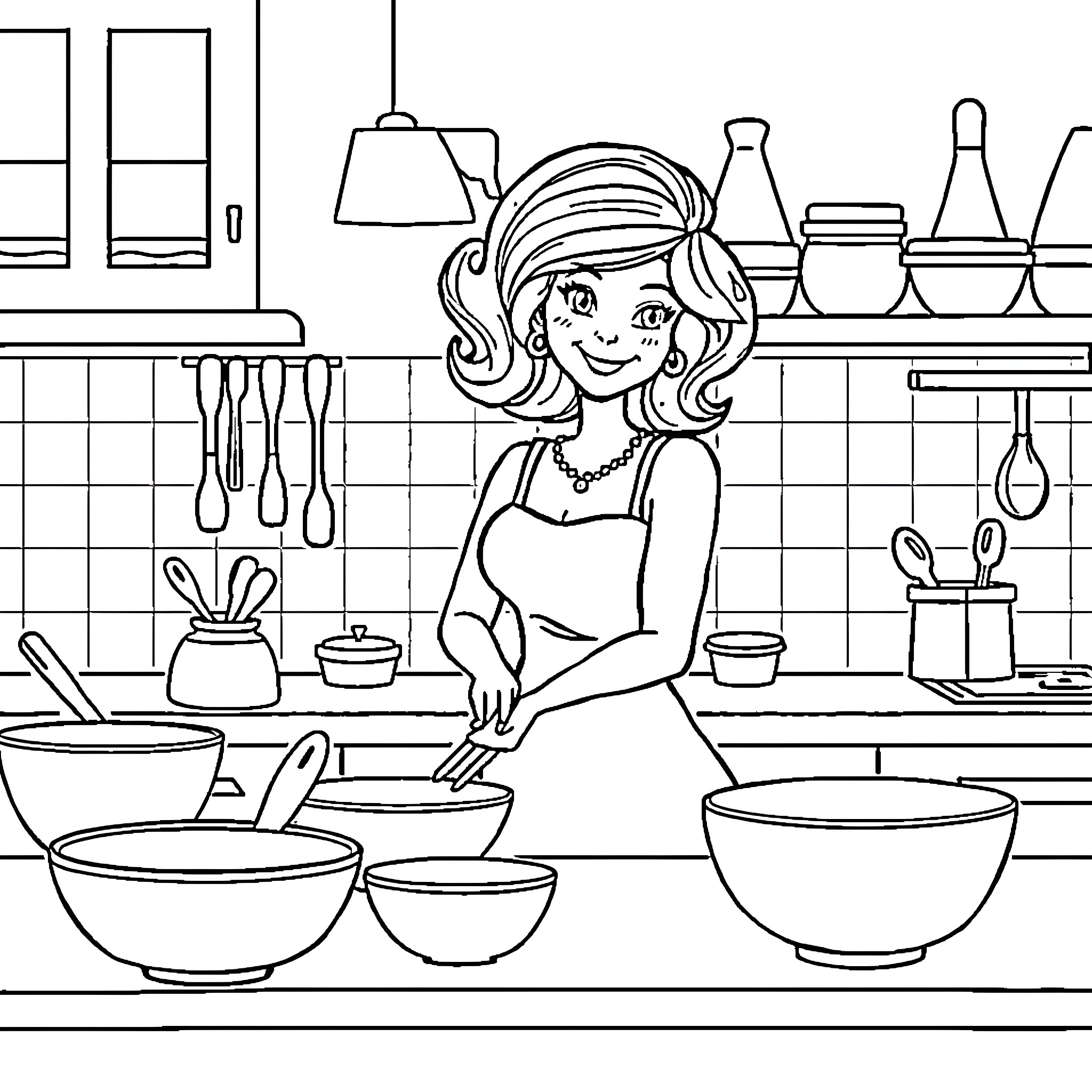 Shape of a woman cooking in the kitchen Coloring Page (free black-and-white line drawing printable PDF for all, from beginners to advanced learners, including children, teens, adults, and seniors)