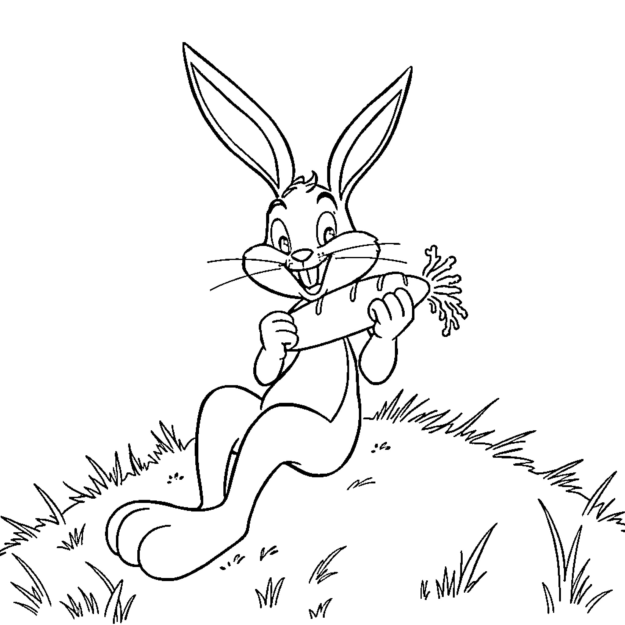 Bunny playing happily in the grass Coloring Page (free black-and-white line drawing printable PDF for all, from beginners to advanced learners, including children, teens, adults, and seniors)