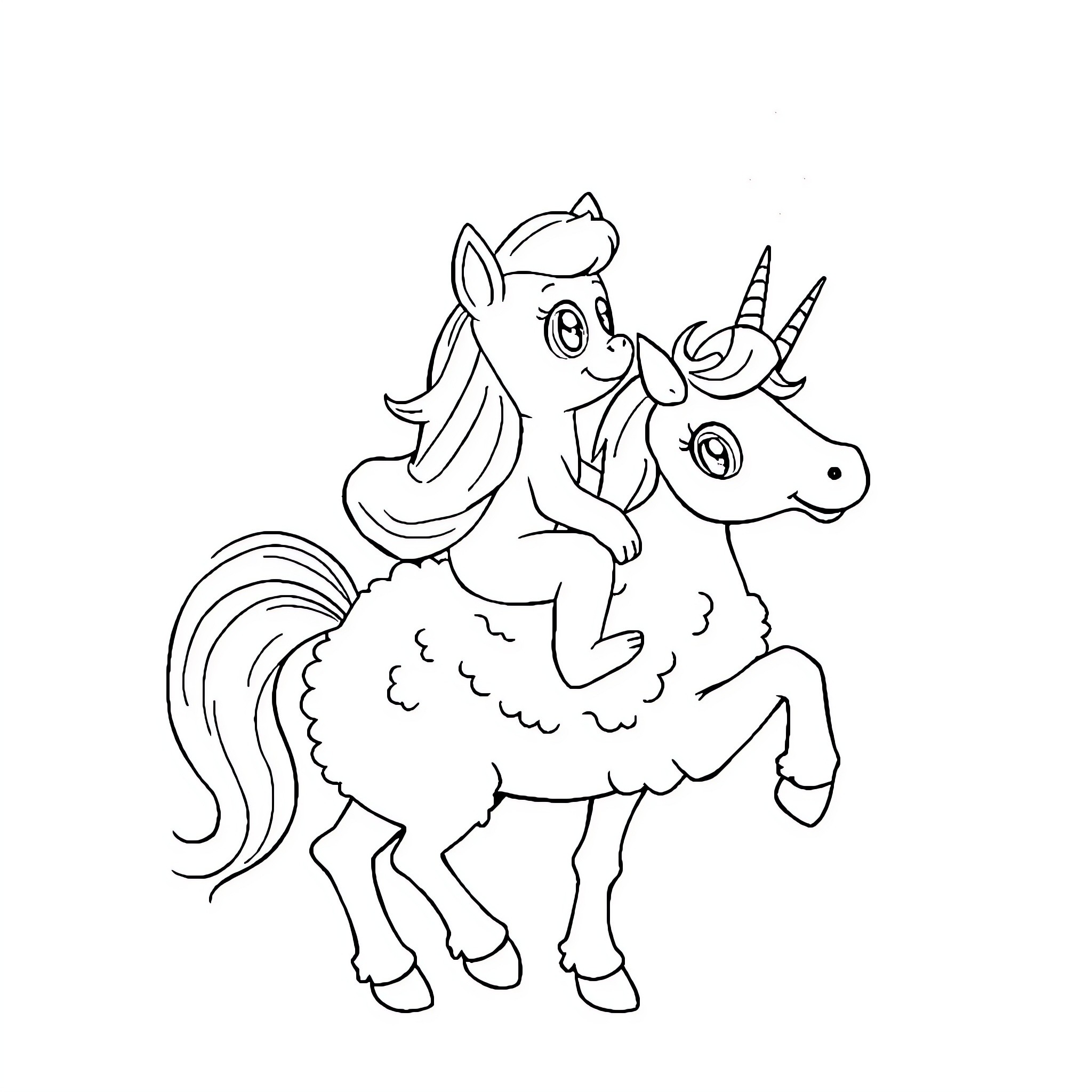 Bluey riding a magical unicorn Coloring Page (free black-and-white line drawing printable PDF for all, from beginners to advanced learners, including children, teens, adults, and seniors)