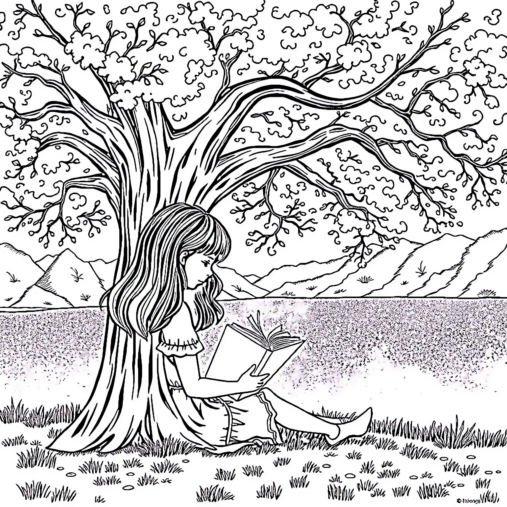 Girl reading book under whimsical tree Coloring Page (free black-and-white line drawing printable PDF for all, from beginners to advanced learners, including children, teens, adults, and seniors)