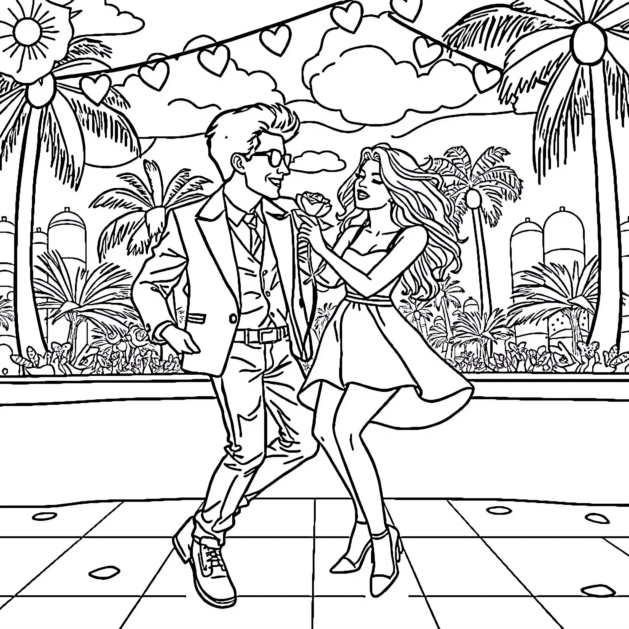 Bruno Mars romantic dance under starry tropical sky Coloring Page (free black-and-white line drawing printable PDF for all, from beginners to advanced learners, including children, teens, adults, and seniors)
