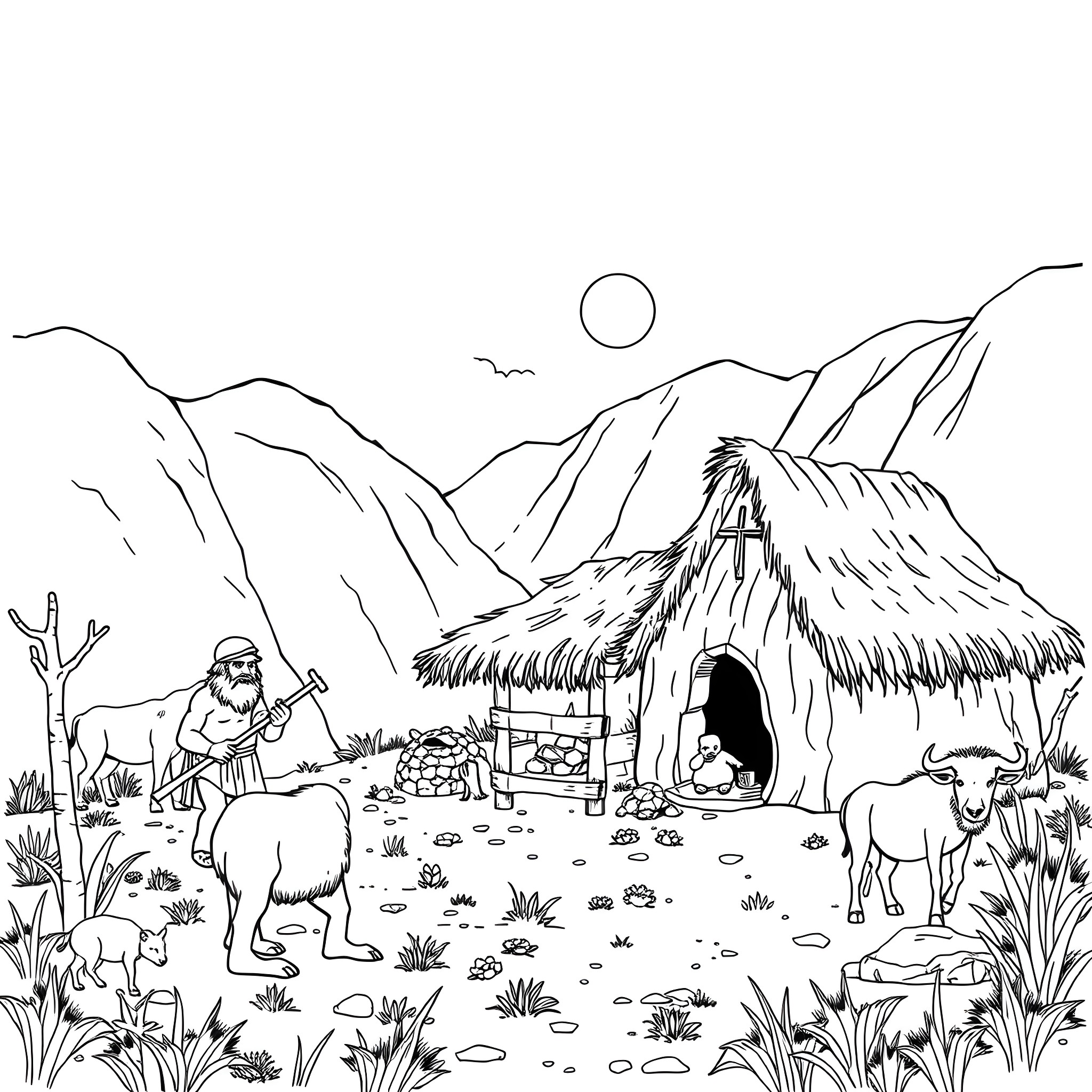 Stone Age Primitive Life in the Mountains Coloring Page (free black-and-white line drawing printable PDF for all, from beginners to advanced learners, including children, teens, adults, and seniors)