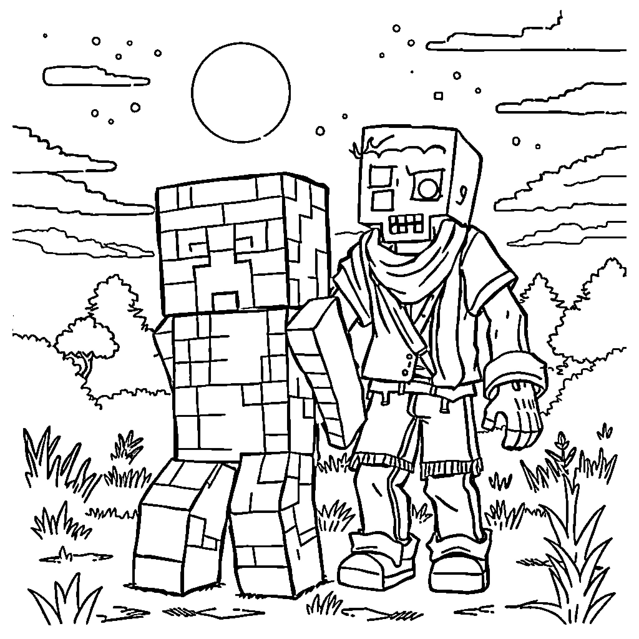Creeper exploring the blocky landscape Coloring Page (free black-and-white line drawing printable PDF for all, from beginners to advanced learners, including children, teens, adults, and seniors)