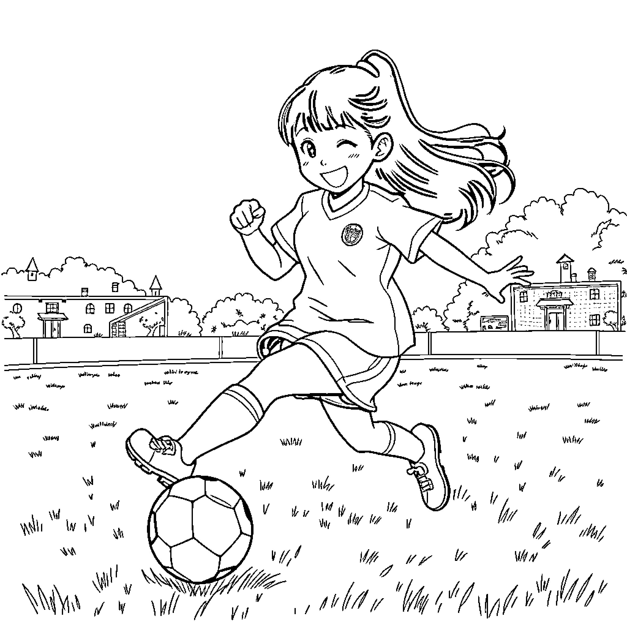Nezuko happily playing soccer in the park Coloring Page (free black-and-white line drawing printable PDF for all, from beginners to advanced learners, including children, teens, adults, and seniors)
