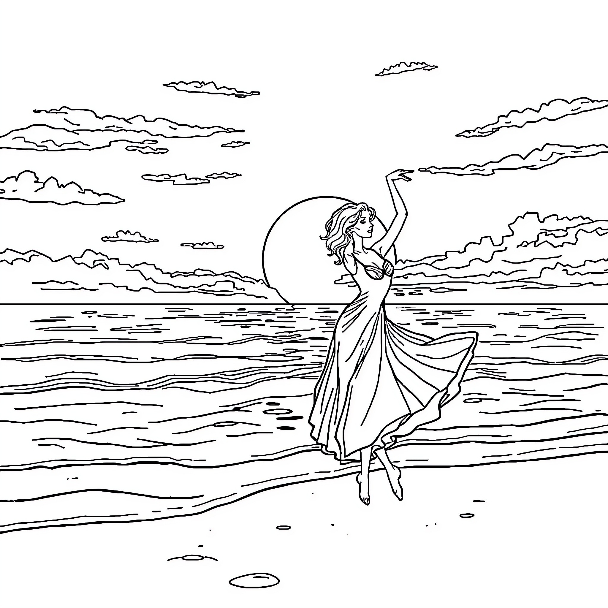 Danseuse gracefully dancing on the beach Coloring Page (free black-and-white line drawing printable PDF for all, from beginners to advanced learners, including children, teens, adults, and seniors)