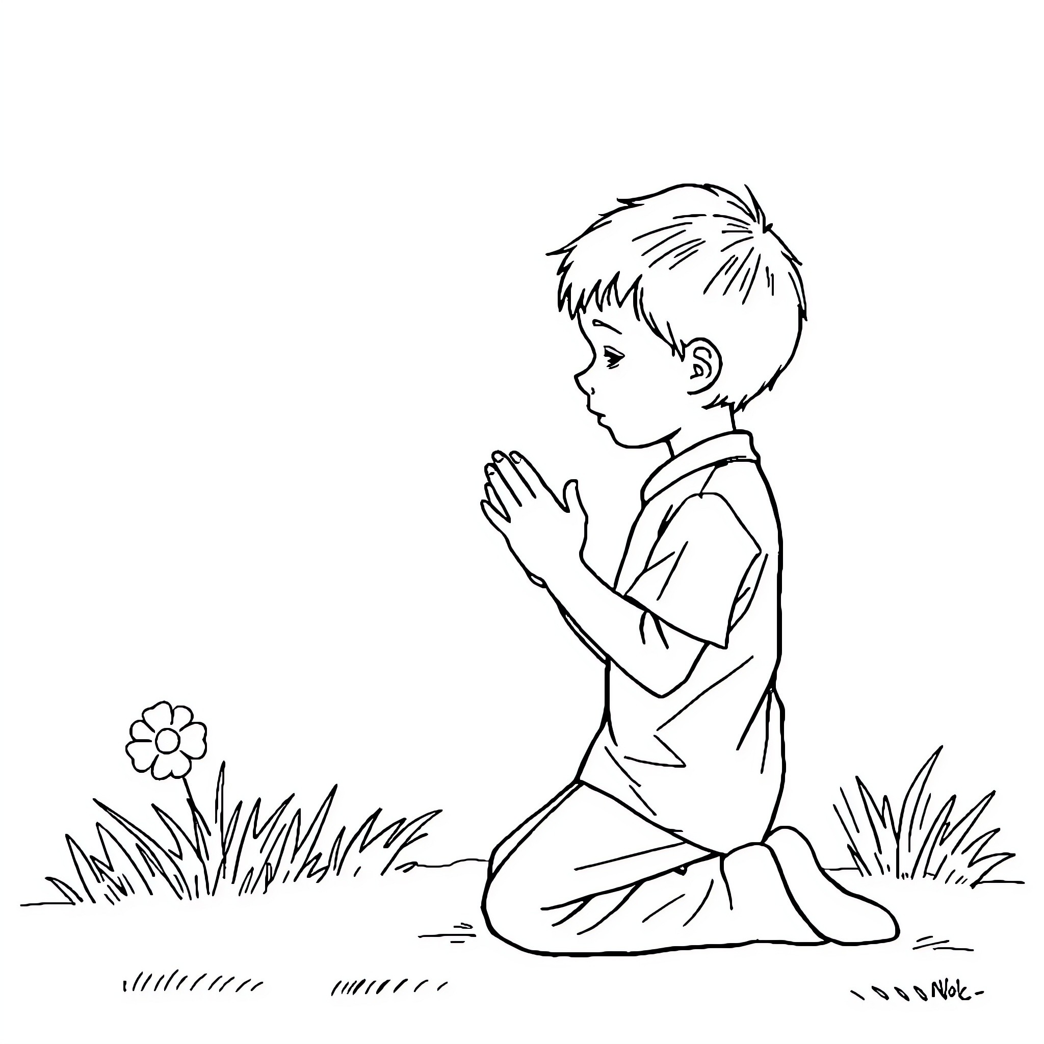 Boy praying peacefully in a grassy field Coloring Page (free black-and-white line drawing printable PDF for all, from beginners to advanced learners, including children, teens, adults, and seniors)
