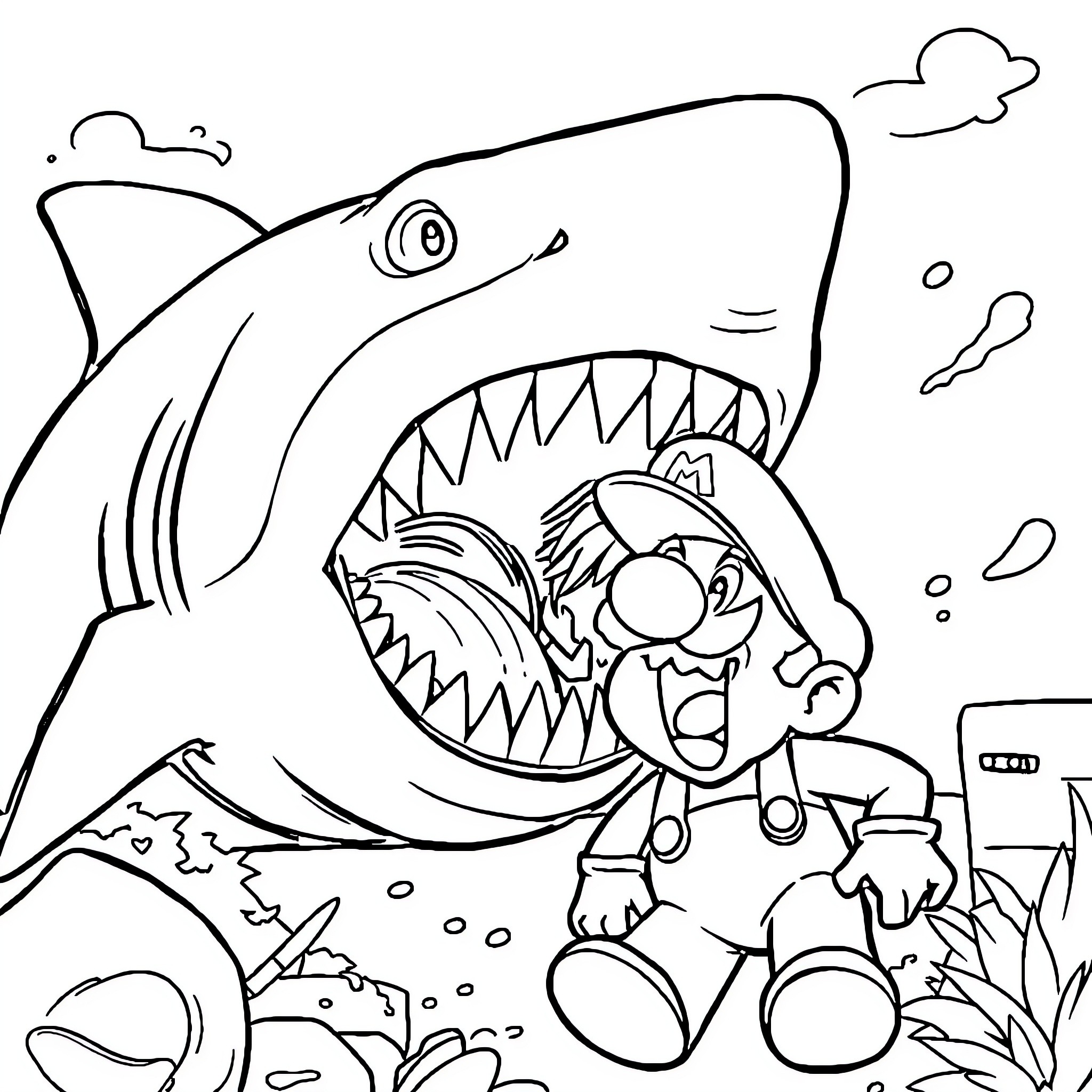 Shark surprises terrified cartoon character Coloring Page (free black-and-white line drawing printable PDF for all, from beginners to advanced learners, including children, teens, adults, and seniors)