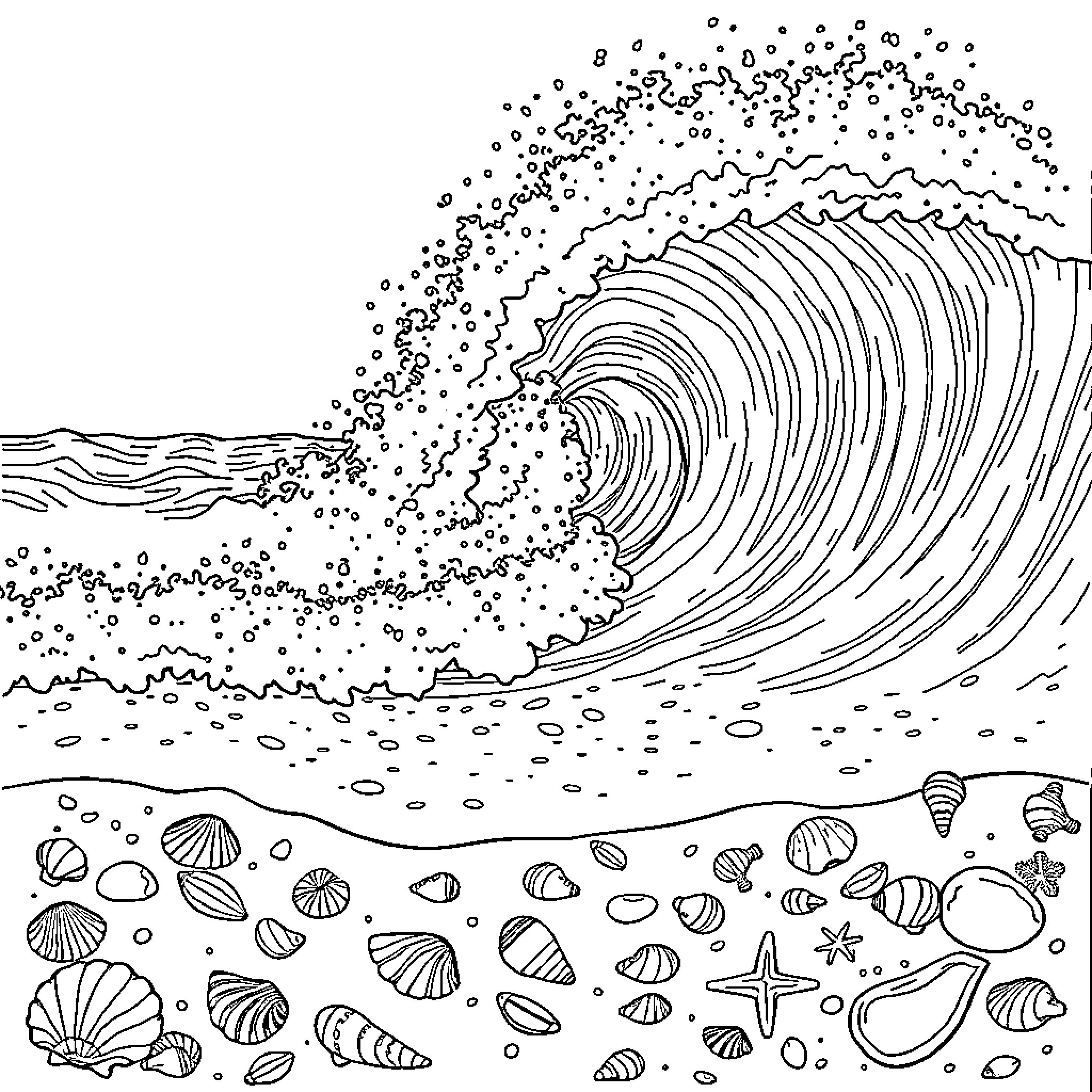 Wave crashing with ocean creatures Coloring Page (free black-and-white line drawing printable PDF for all, from beginners to advanced learners, including children, teens, adults, and seniors)