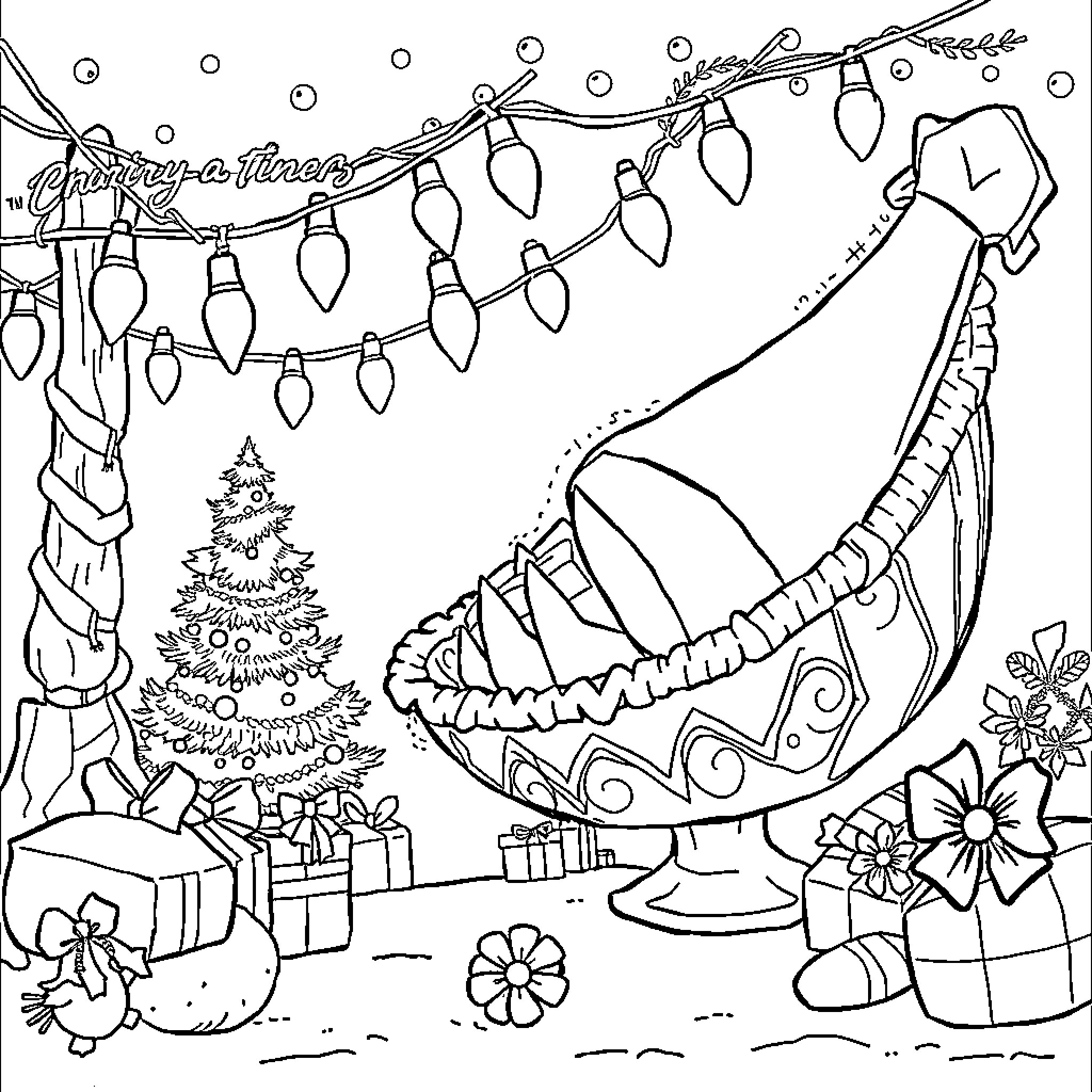Pecacho's Christmas Wonderland Coloring Page (free black-and-white line drawing printable PDF for all, from beginners to advanced learners, including children, teens, adults, and seniors)