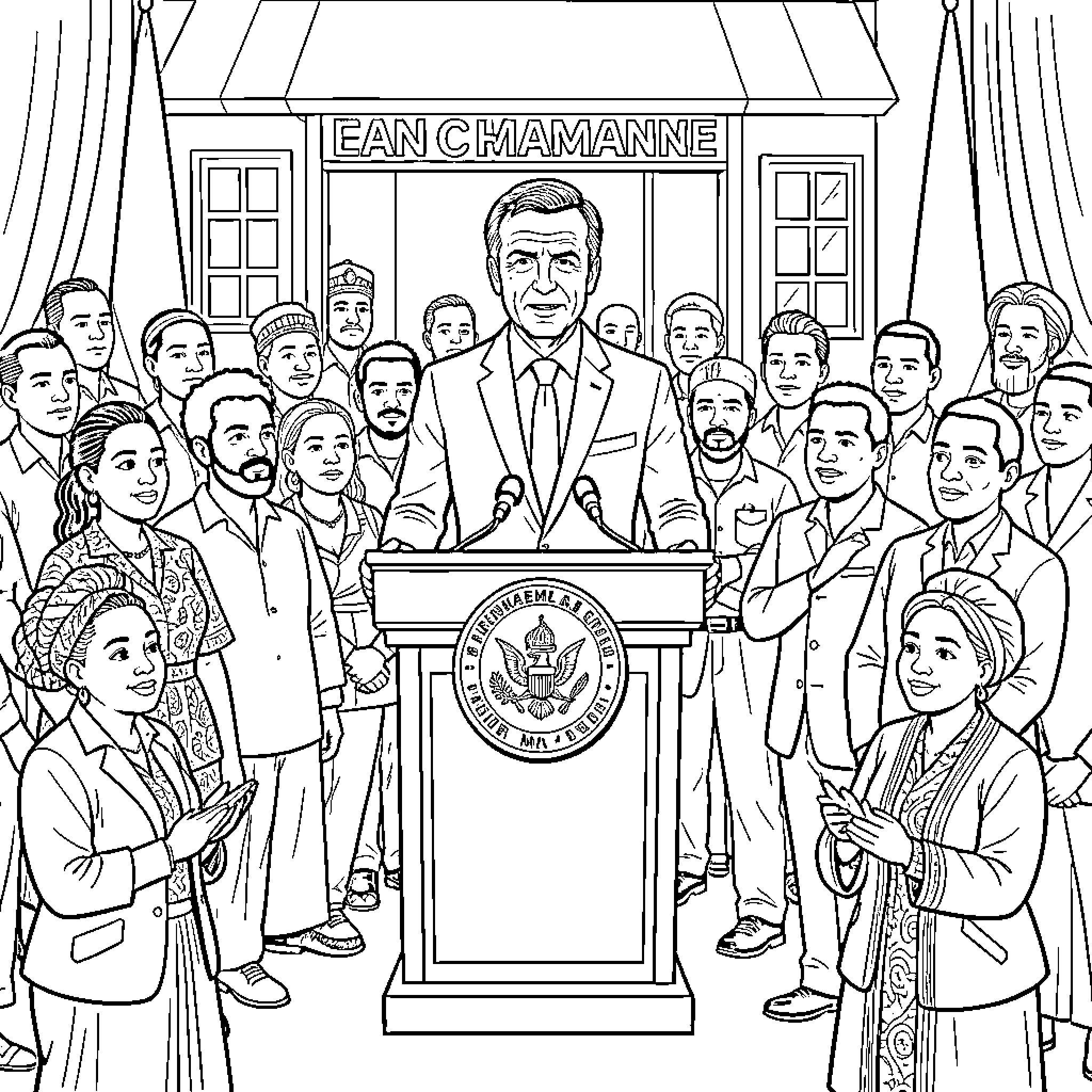 Emmanuel Macron giving a speech behind a podium Coloring Page (free black-and-white line drawing printable PDF for all, from beginners to advanced learners, including children, teens, adults, and seniors)
