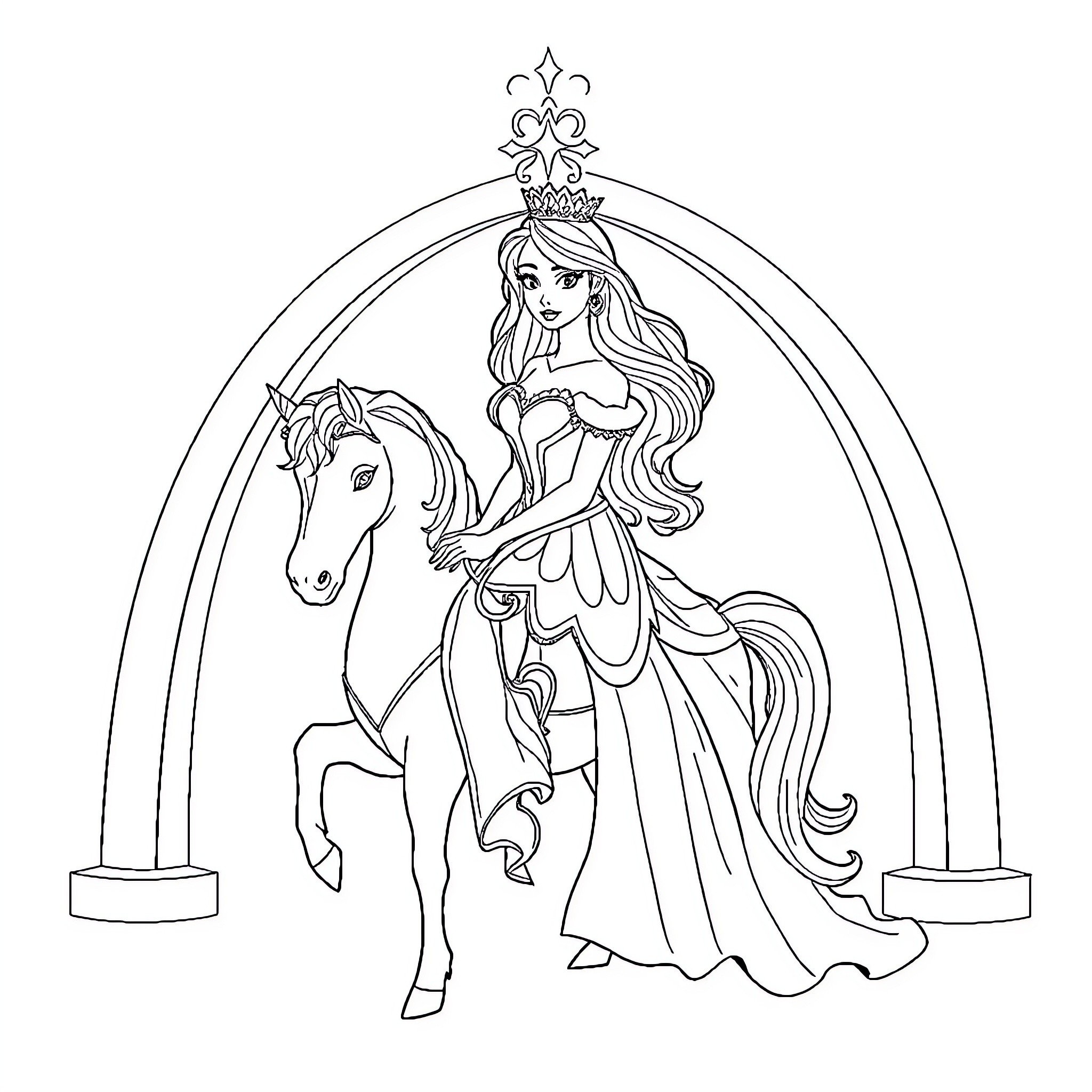 Princess riding a majestic horse in a grand setting Coloring Page (free black-and-white line drawing printable PDF for all, from beginners to advanced learners, including children, teens, adults, and seniors)