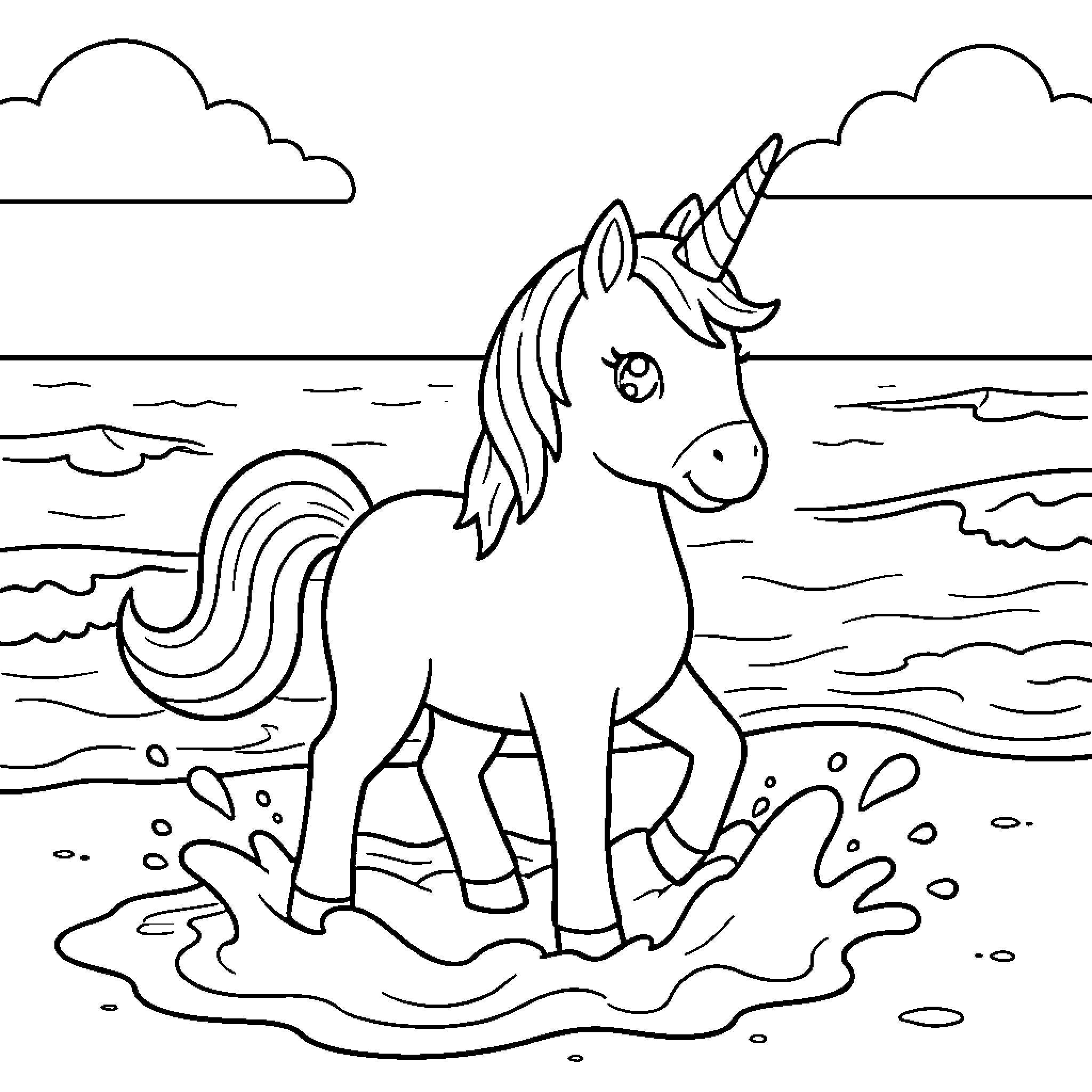 Unicorn walking through ocean waves on a beach Coloring Page (free black-and-white line drawing printable PDF for all, from beginners to advanced learners, including children, teens, adults, and seniors)